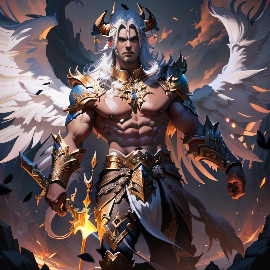 Alphad male angel，With a sword and a sword in his hand, fit male demon with white horns, Amazing 8K character concept art, muscled humanoid balrog demon, hyper-detailed fantasy character, Artstation contest winner, Epic fantasy character art, chengwei pan on artstation, heroic fantasy character concept, Epic fantasy digital art style, Fantasy art Behance