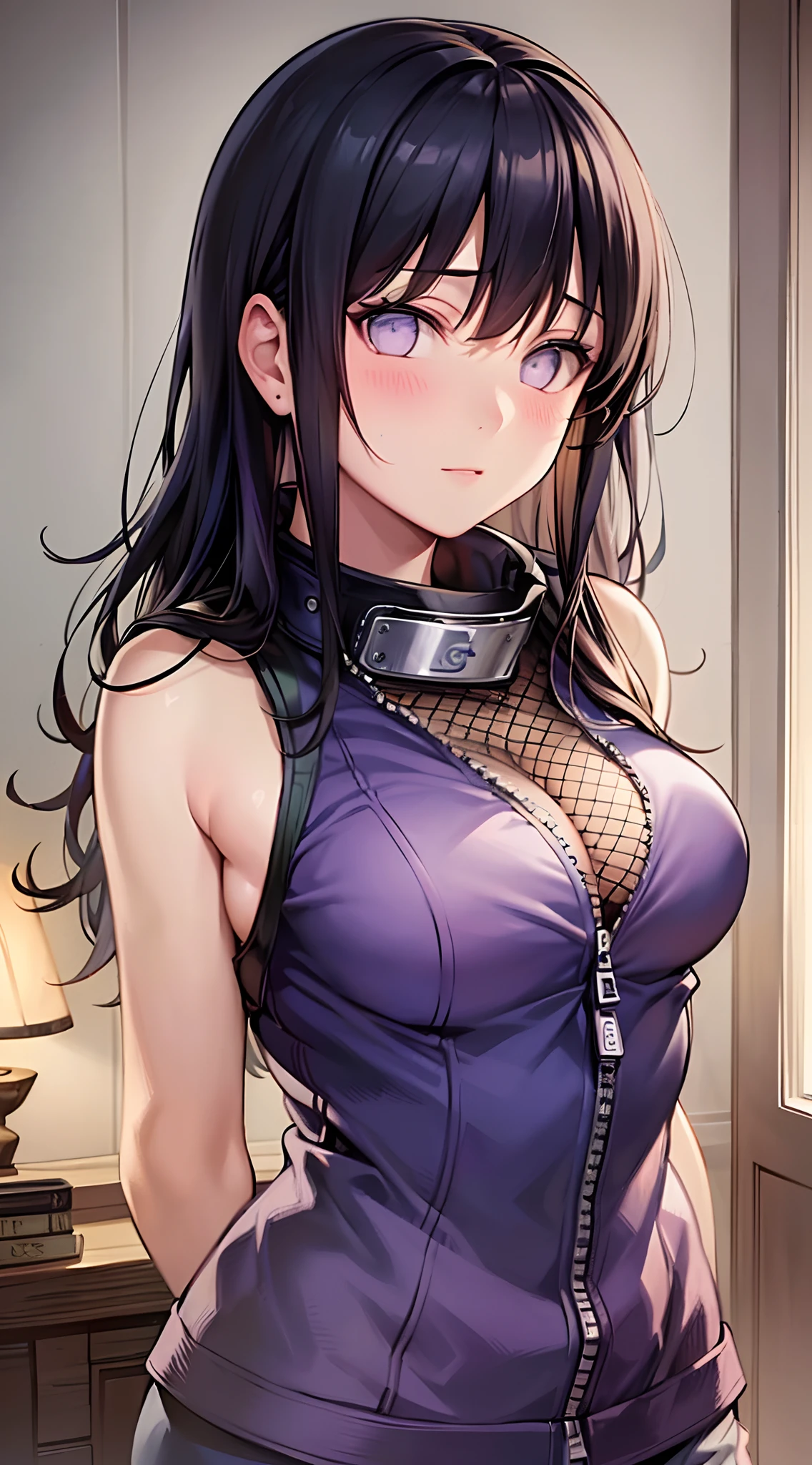 Masterpiece, High definition, high quality, detailed face, detailed body rendering, 1girl, solo, Hinata sleeveless clothing,room,, sleeveless shirt,( fishnet garment), unzipper jacket, standing, blush, (in bedroom)