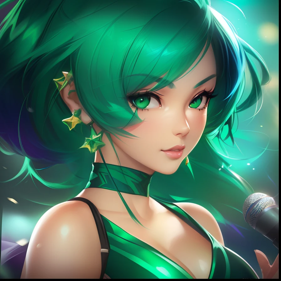 Close up portrait of green-haired woman holding microphone, rossdraws 2. 5, very detailed Artgerm, drawn in the style of artgerm, in style of artgerm, rossdraws 1. 0, ArtGerm on ArtStation Pixiv, rossdraws and jazza, rossdraws cartoon vibrant, artgerm style