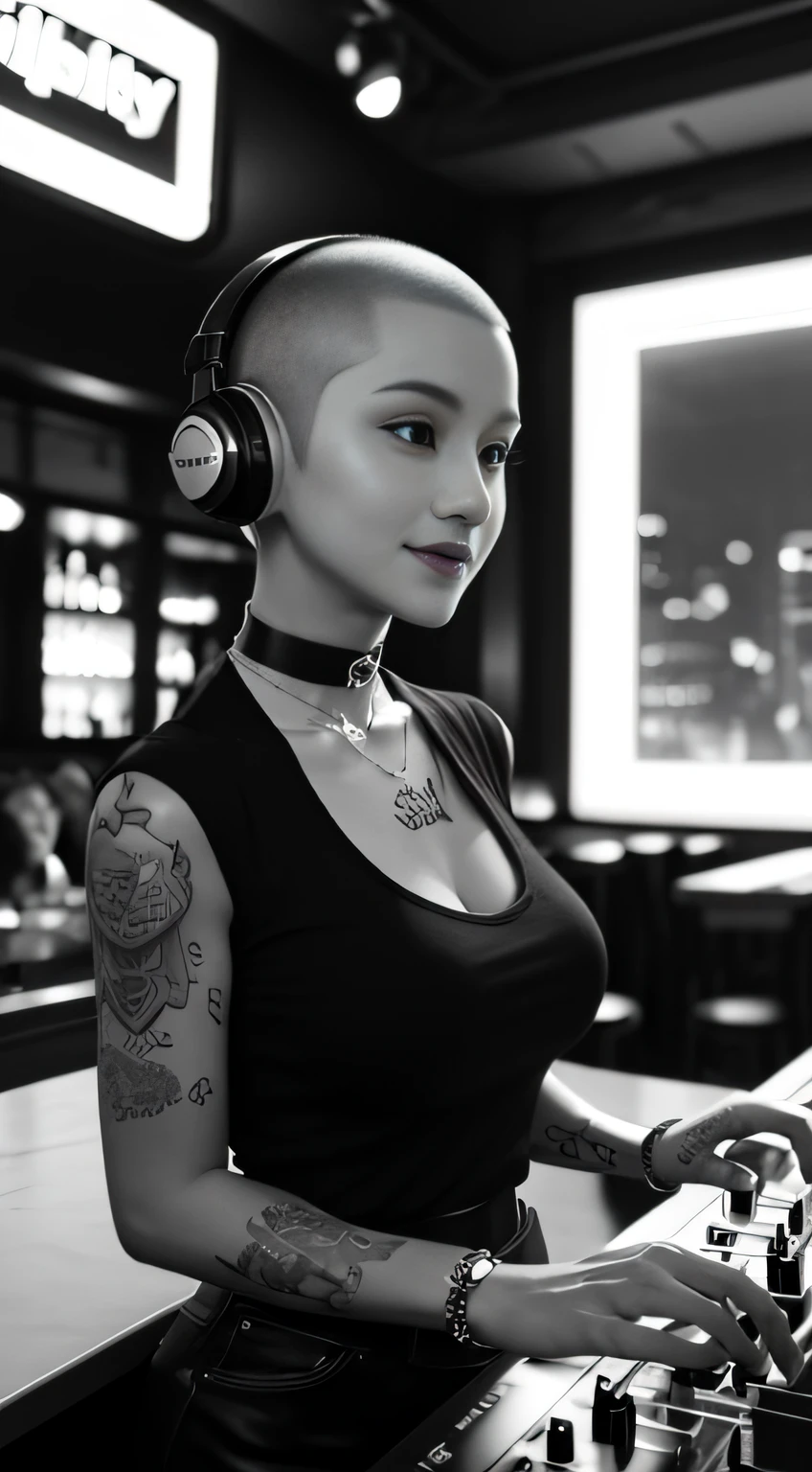 best qualtiy，tmasterpiece，超高分辨率，(fidelity:1.4)，(B&W:1.3)，professinal，photography of，1个Giant Breast Girl，Dee bar，Girl wearing headphones，DJ in the bar，Upper body，A female DJ，Look at the crowd，DJ, DJ booth，DJ Player，stage lighting，(buzz cut:1.1)，(Tattooed with:1.1)，cheerfulness，dyna，Gucci, Versace，cruel，choker necklace，Vistas