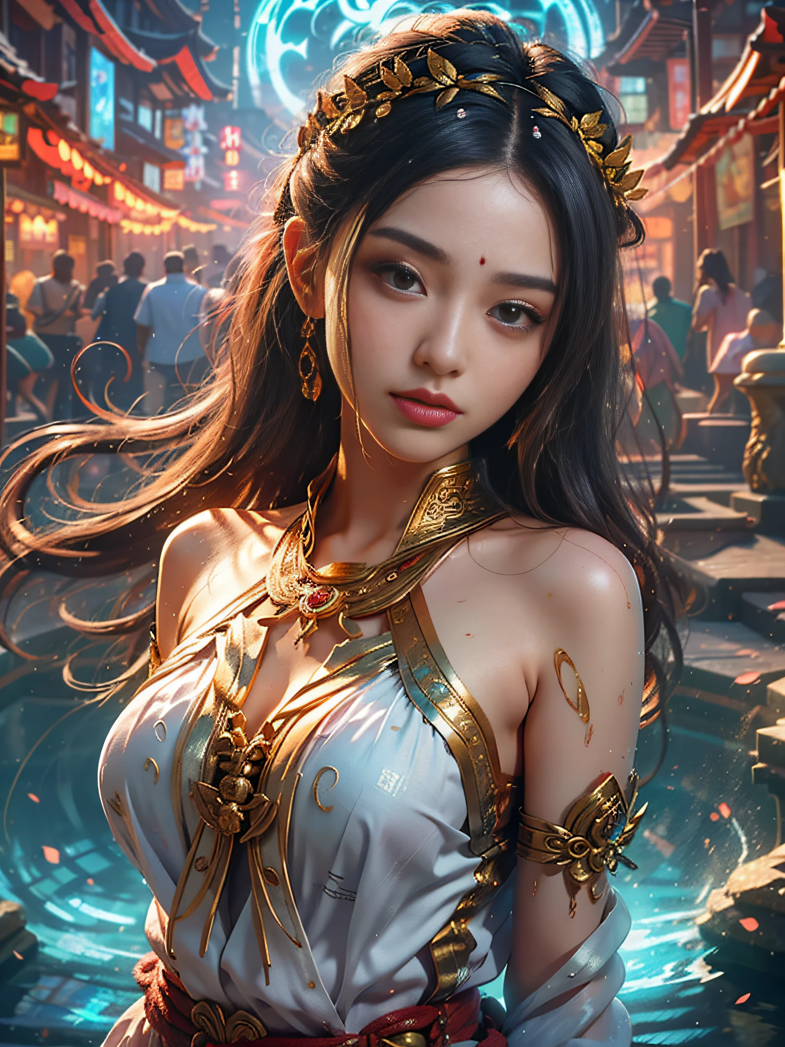 (masterpiece, top quality, best quality, official art, beautiful and aesthetic: 1.2), (1 girl), extremely detailed, (fractal art: 1.3), colorful, more detailed, beautiful goddess emerging from the ocean, Caucasian girl with shiny silver hair, full female body, golden eyes, wild waves, big waves, oriental mandala tattoos, transparent dresses showing naked body, skin wet with water, stormy sky, sunset sky red stormy clouds, ancient temple floating in the sea, old floating clock, lamp, lantern, beautiful girl with a slight smile, transparent blouse showing breasts, fantasy, fractal, Sakimichan style art, slight smile, view of pubic hair, 1 sexy girl, exposed breasts, open transparent shirt showing breasts, Mandala and flower tattoos, Best Quality, black hair fused with platinum and gold, naked girl, beautiful visible pubic area, pink breasts, small breasts visible, tattoos on the naked body, old floating clock, lamp, flashlight, skin wet with water , multicolored sea waves, full body, sea goddess emerging from water and waves, beautiful close-up view of a girl, black and platinum hair, long hairs merged into the sea, dappled sunlight, luminescent bright orange cyan liquid lamp, liquid splash art, sky with storm and a psychedelic nebula silhouette, tribal tattoo, wide angle shot, liquid luminescent bright colors, digital painting, sharp focus, studio shot, intricate details, splash effect, small floating bubbles, very detailed, sharp focus, multicolored ocean, moving psychedelic waves, long hair merged with multicolored sea waves, skin and clothes soaked in water, naked woman, big buttocks, naked lady, magic dimensional portal, beautiful girl in close-up, perfect female body well detailed, sexy pose, provocative pose, small breasts visible, tattoos on naked body, view from Below, bubble motifs, ancient ruins. gold and silver necklaces and bracelets,