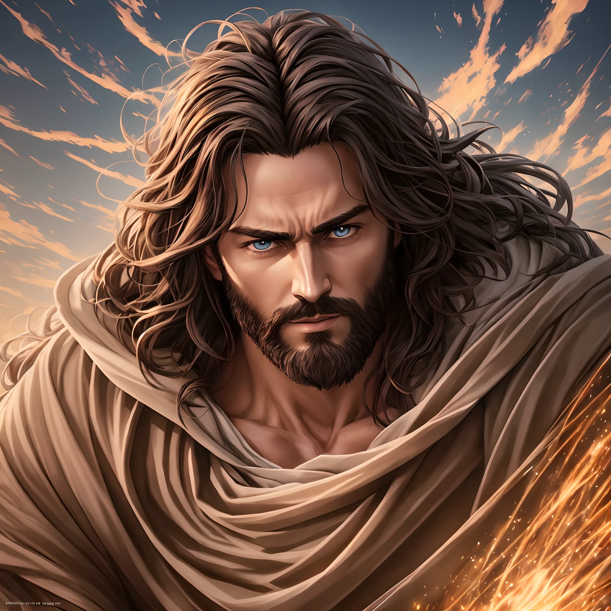 Bearded、Close up of a man in a cloak, stanely artgerm, epic portrait illustration, artgerm portrait, epic full color illustration, portrait of jesus christ, jesus christ going super saiyan, artgerm and genzoman, Artgerm jsc, Altgerm Gregg Rutkowski _ greg, fanart, jesus christ