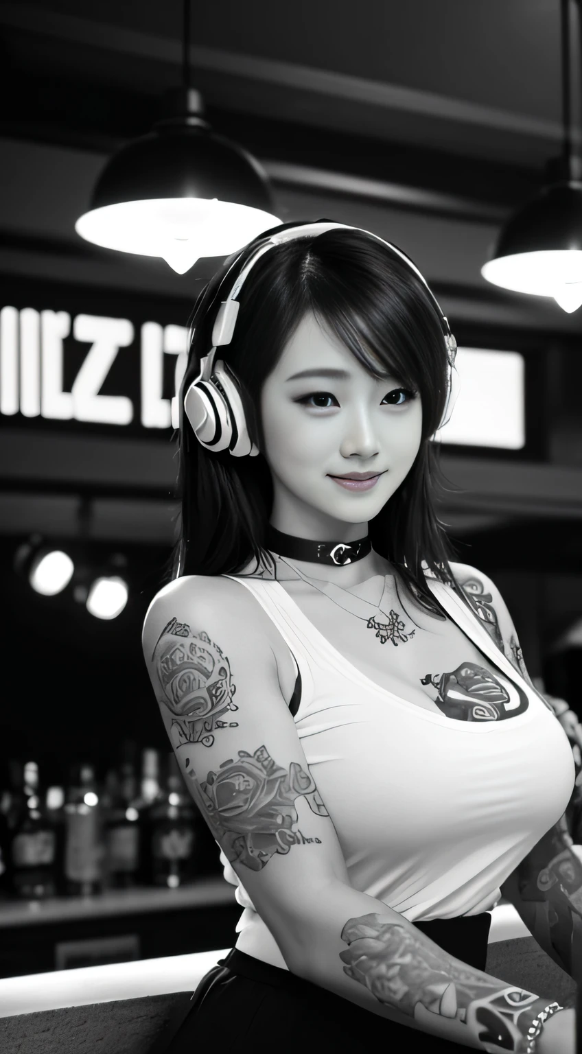 best qualtiy,tmasterpiece,超高分辨率,(fidelity:1.4),(B&W:1.3),professinal,photography of,1个Giant Breast Girl,Dee bar,Girl wearing headphones,DJ in the bar,Upper body,A female DJ,Look at the crowd,DJ, DJ booth,DJ Player,stage lighting,(buzz cut:1.1),(Tattooed with:1.1),cheerfulness,dyna,Gucci, Versace,cruel,choker necklace,Vistas