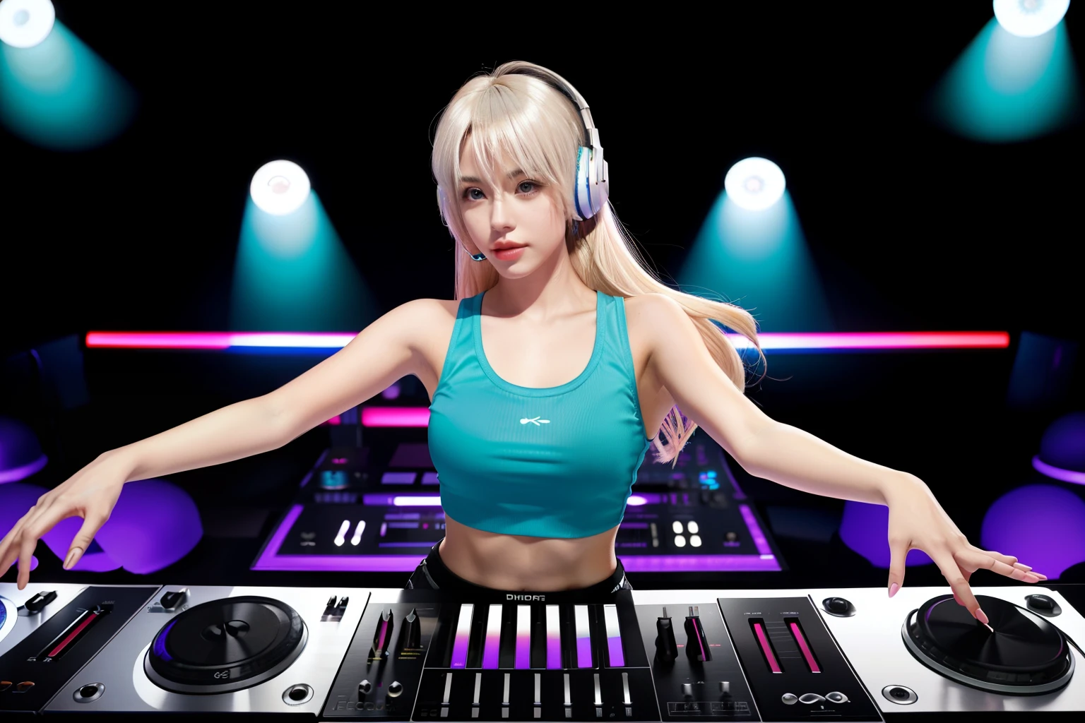 photo of a female DJ , (her each hands on each discs), platinum blonde side tail hair, wearing cropped colorful tank top, wearing large headphone, super wide shot upper body view from the front diagonally to the right, background is a lot of dancing audience around the DJ booth