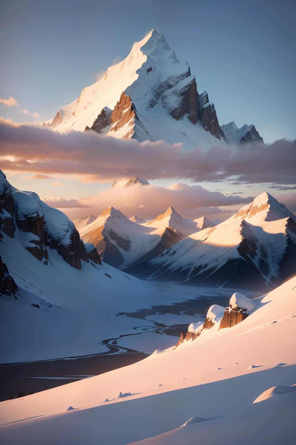 snow mountains,Far sky,drifting snow,The afterglow of the setting sun shines on the snowy mountains