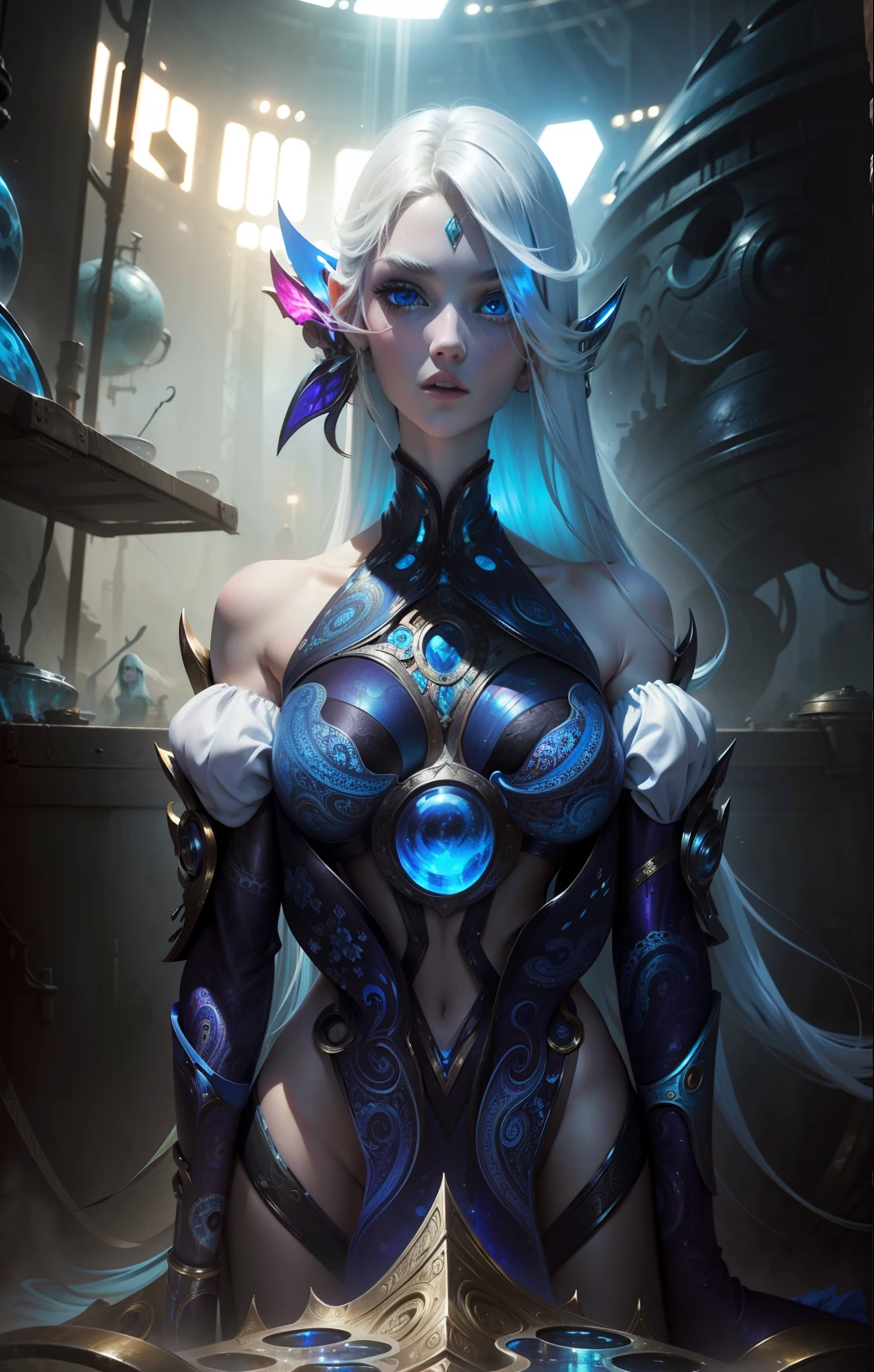 Masterpiece, Best Quality, Girls looking at each other , Slender, Blue Eyes, Hair Color, Iridescent, Long Hair Spreading, White Skin, Medium, Cute, Sexy, Near Future, Bikini, Exposed Skin, Night, Psychedelic, Trip, Extreme Color, Paisley Theme, Open Legs, Mechanical Left Arm, Full Body