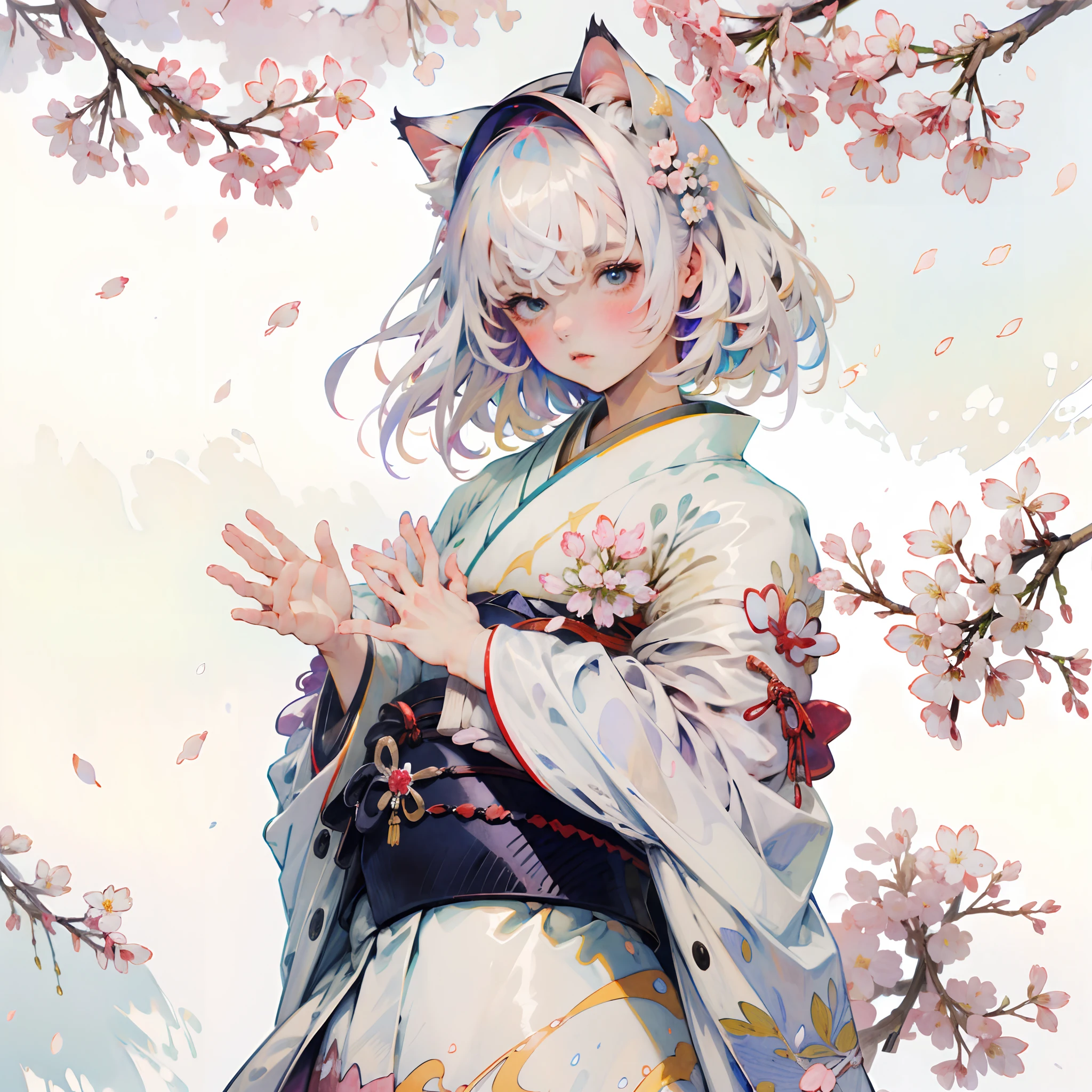 (8k wallpaper:1.2),(Ultra-high resolution:1.2),(masterpiece:1.1),wallpaper,High quality,masterpiece,(High detail),1girl, wearing a white kimono with Sakura petals , surrounded by petals, White hair,cat ears, beautiful, perfect hands