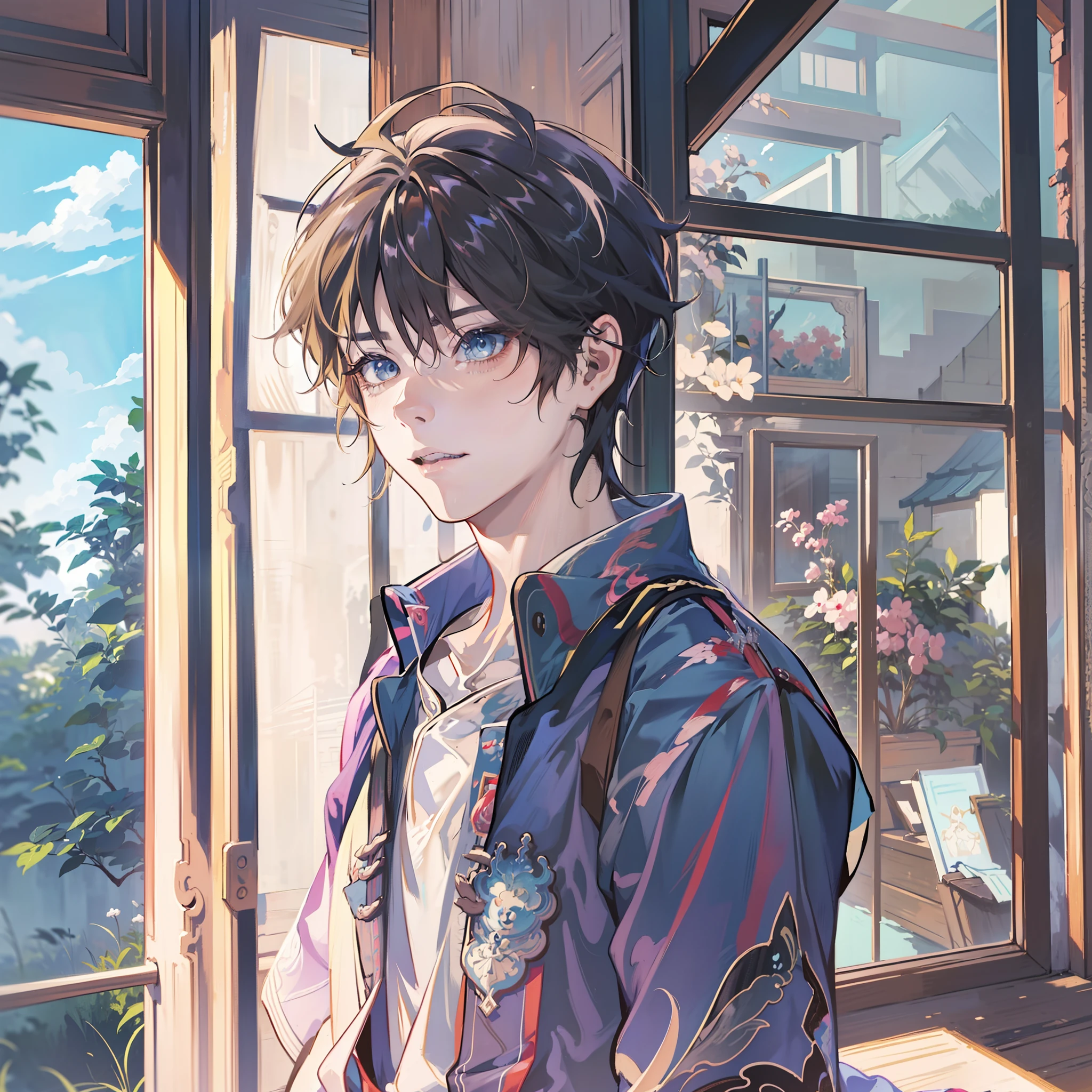 Anime boy standing in front of window in black shirt, young anime man, Anime handsome man, Anime portrait of a handsome man, Tall anime guy with blue eyes, Handsome anime pose, Male anime style, Anime boy, style of anime4 K, High Quality Anime Art Style, anime moe art style, Inspired by Bian Shoumin, Anime style portrait, in an anime style