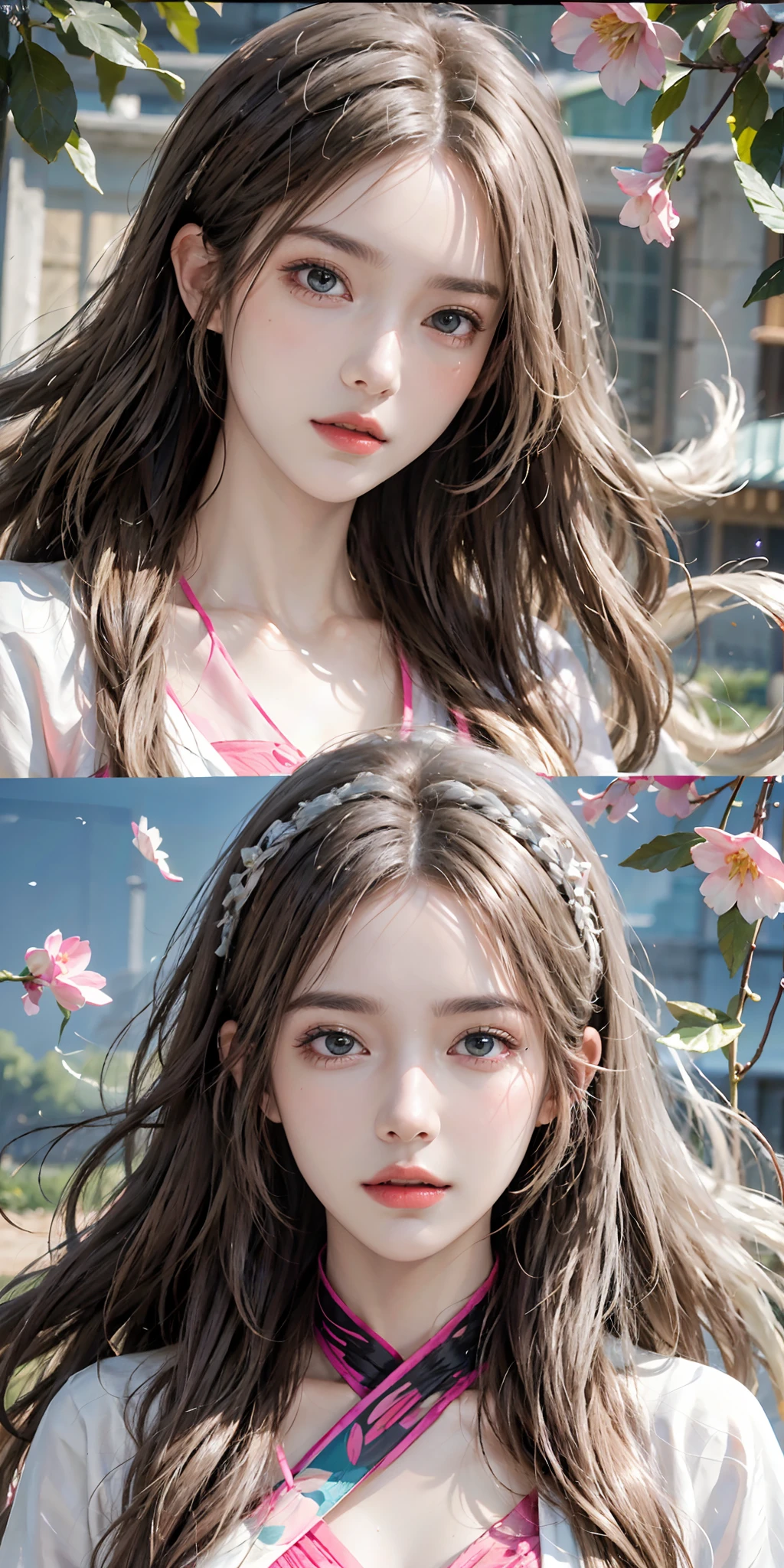 (absurdres, highres, ultra detailed), 1girl, mature female, wavy blonde hair, long hair, blunt bangs, green eyes, pink dress, finely detailed eyes and detailed face, extremely detailed CG unity 8k wallpaper, intricate details , kaleidoscopic imagery, symmetrical patterns, vibrant colors, geometric shapes, mesmerizing designs, optical illusions, dynamic composition , pantomime art, expressive body language, silent storytelling, evocative gestures, visual narratives, theatrical performances , blooming flowers, colorful petals, fragrant scents, nature's bounty, vibrant gardens, peaceful scenery