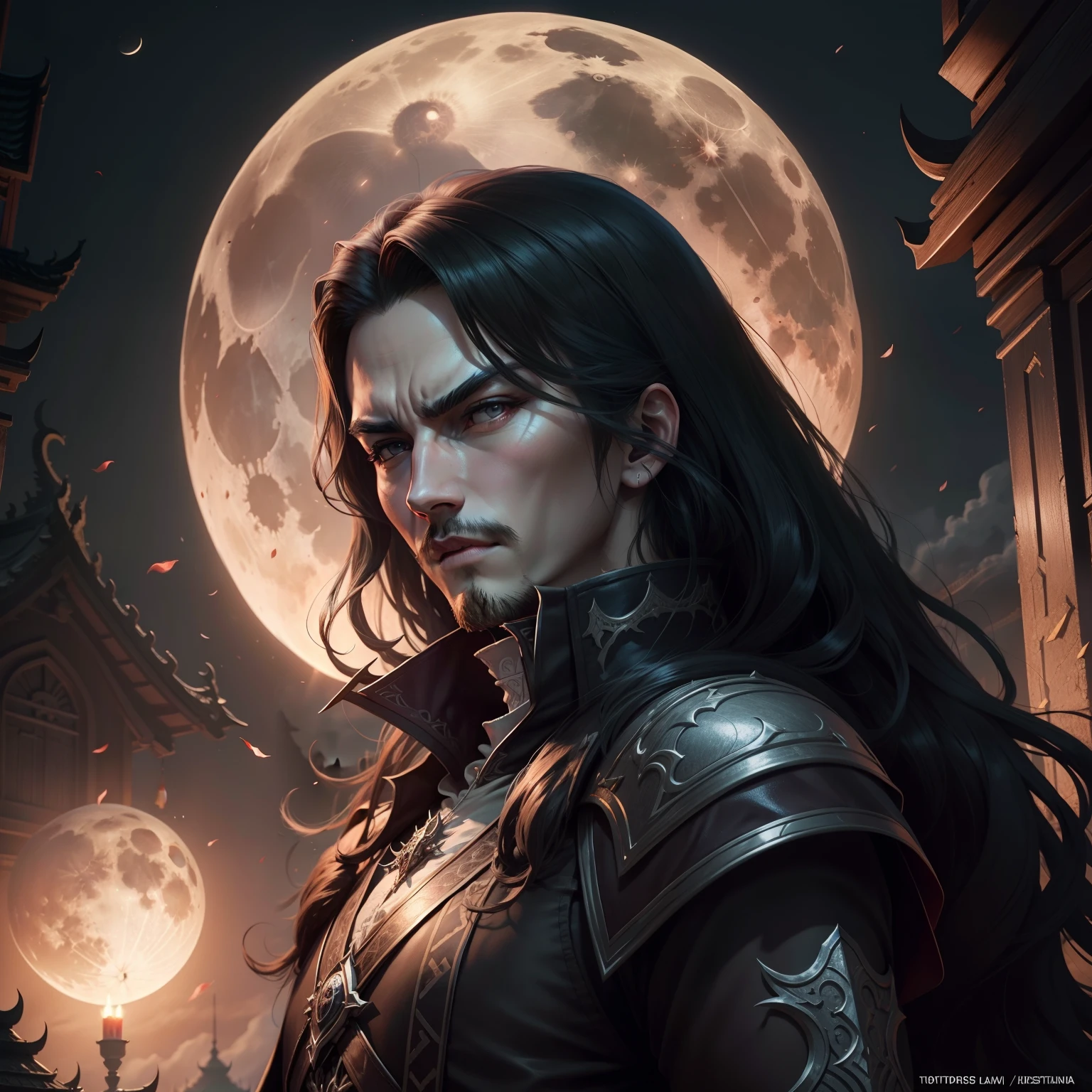 Castlevania Lord of the shadows chinese version hyper realistic super detailed Moon behind