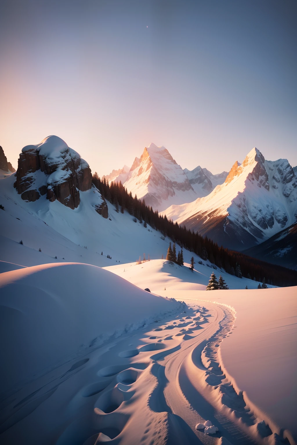 snow mountains,Far sky,drifting snow,The afterglow of the setting sun shines on the snowy mountains