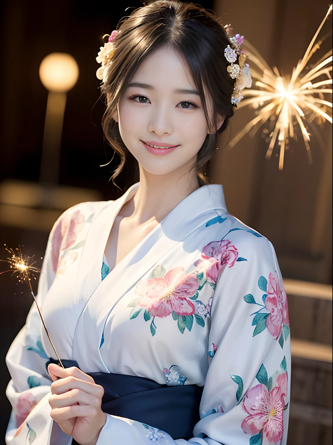 ((top-quality、16k、masterpiece:1.3))、Delicate skin、huge smile、1 slender beauty:1.3、(sparklers)、(Ultra Detailed Face and Skin Texture、A detailed eye、二重まぶた、Detailed eyes)、(Floral yukata:1.3)、(、Crisp focus:1.1、35mm lens、