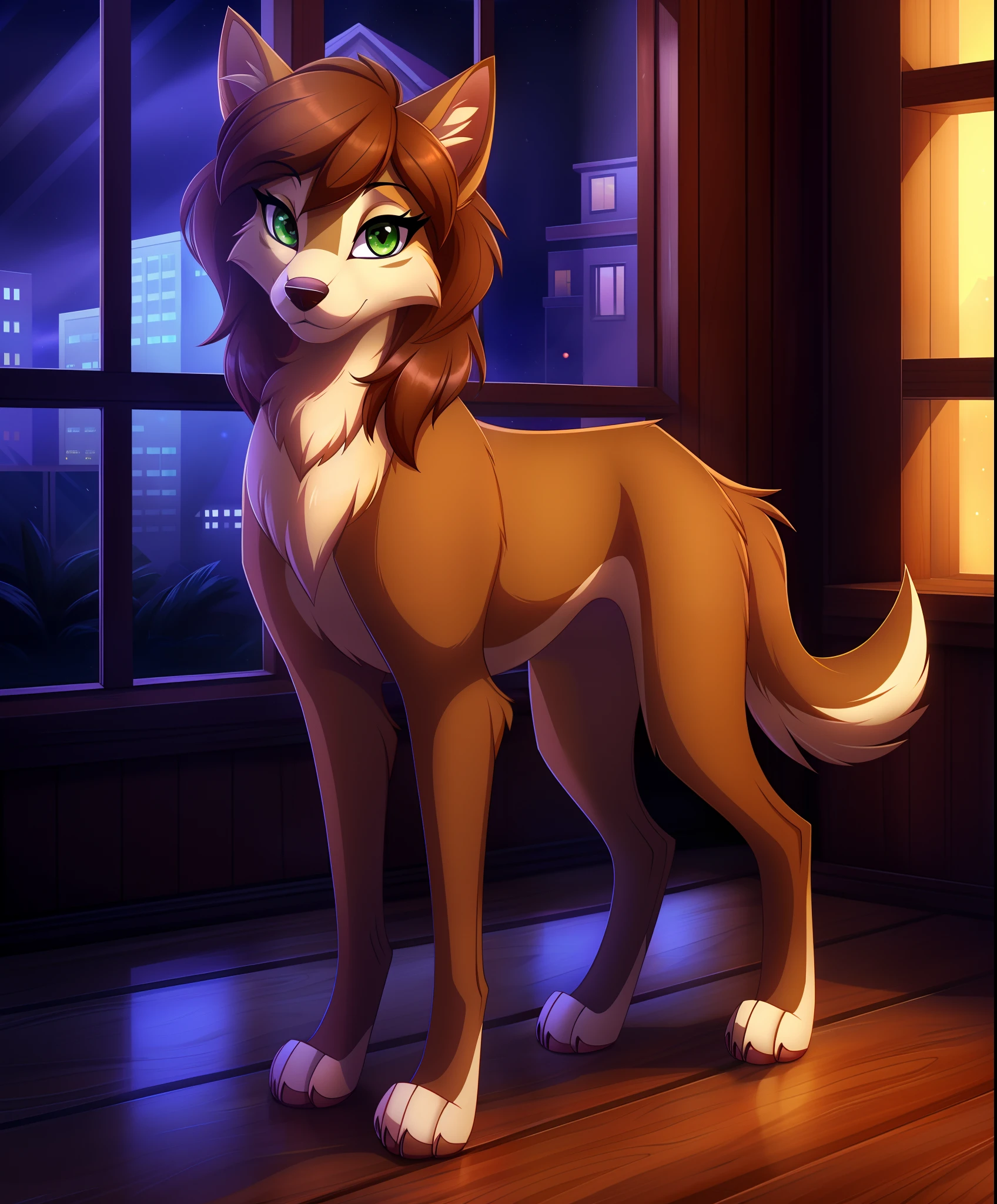 sasha la fleur, solo, standing, full body, indoors, no humans, window, night, canine, domestic dog, brown hair, brown fur, body fur, green eyes, black pupils, female, feral, detailed background, highly detailed, 4k, tail animal paws, 1girl, perfect eyes,