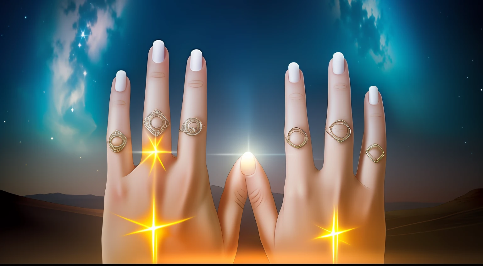 Imagine a heavenly scenario, with the night sky filled with bright stars. In the center of this starry sky, a luminous and transcendental hand begins to form. The hand is enveloped by a soft and radiant aura, que emana uma luz dourada e calorosa.
in the palm of your hand, Two deep scar marks are visible, representing the holes in the nails of Jesus' hands of the crucifixion. These scars are illuminated in a special way, radiating a light even more intense than the rest of the hand. This symbolizes the importance of Jesus' sacrifice and the message of redemption.
The scene captures the sense of divine presence, with the hand of Jesus hovering in heaven, emanating a sense of peace, Love and forgiveness. The heavenly atmosphere and illuminated scars serve as a powerful visual reminder of Jesus' crucifixion and redemptive grace.