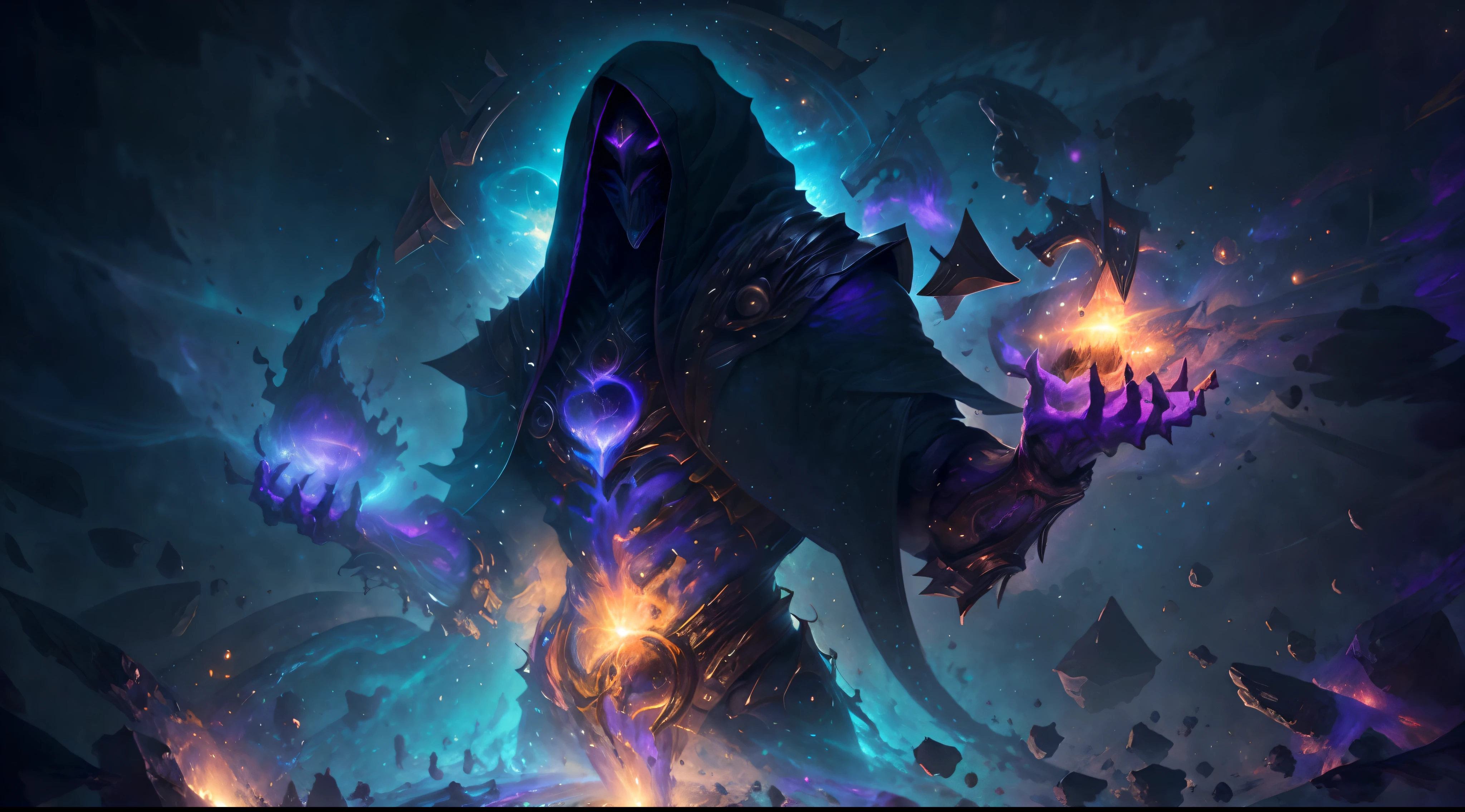 "One celestial muscular being in the center of the picture with a hood over and in hands there is brandishing magic with the luminosity of distant galaxies" ,best quality, masterpiece, ultra high res, (photo realistic:1.4), surrealism, dream-like,V0id3nergy,
a fantasy creature, Shadowdancer, shadow magic, darkness control, stealth, shadowstep, umbral spells.