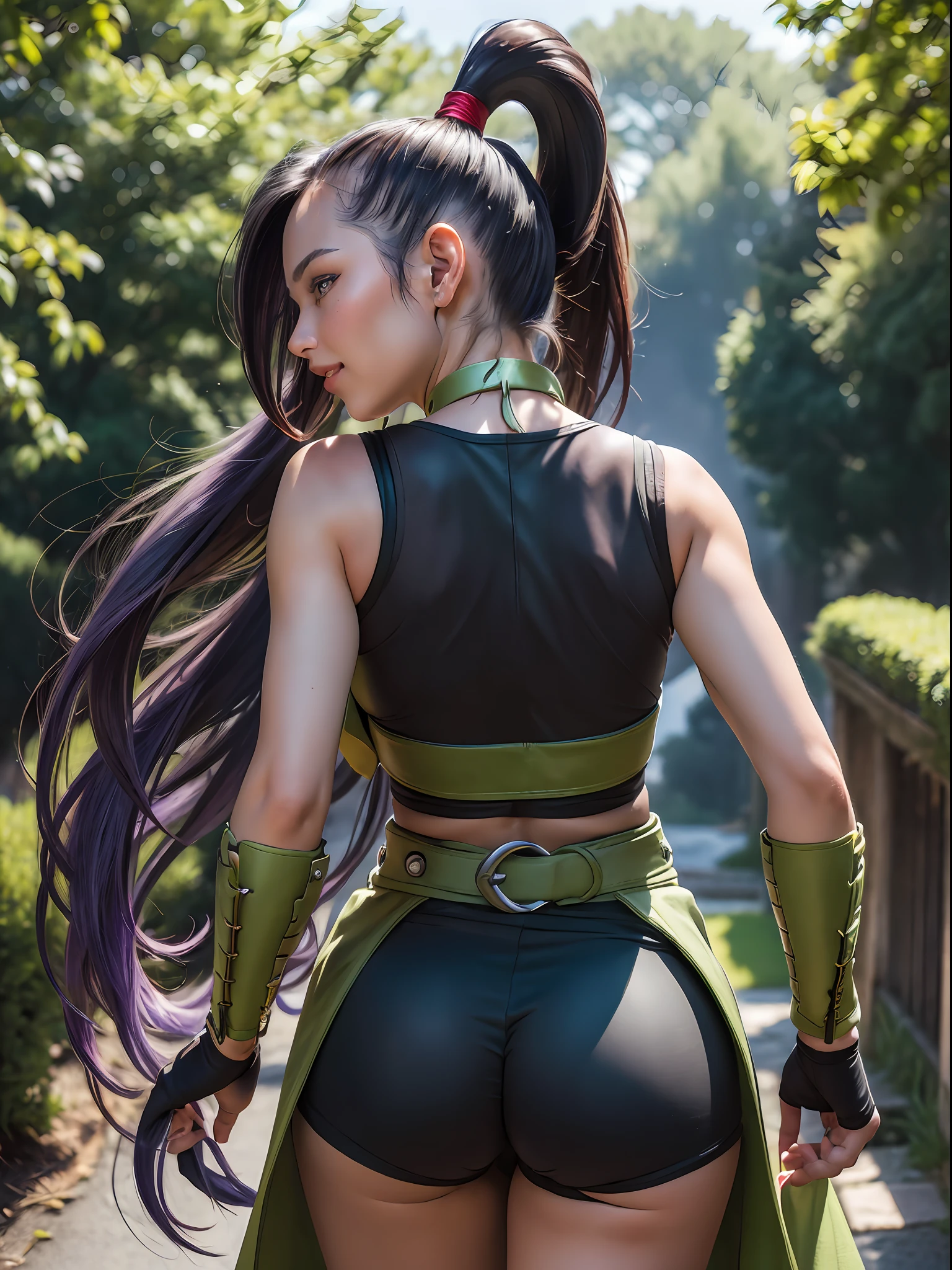 ((Masterpiece:1.4)), (high resolution:1.4), (standding:1.5), (from behind:1.4), 1girl:1.5, solo, martina, purple eyes, purple hair, very long hair, ponytail, hair scrunchie, green choker, o-ring top, tank top, sleeveless, fingerless gloves, green gloves, waist cape, black shorts, green belt, boots(full body:1 5) , beautifull smile, beautiful face, highly detailed face, higly detailed eyes, highly detailed skin, skin pores, realistic pupils, full face blush, full lips, (perfect anatomy:1.1), (perfect proportions:1.1), (photography:1.1), (photorealistic:1.1), volumetric lighting, dynamic lighting, real shadows, (highres:1.1), sharp focus, daylight, (realistic, hyperrealistic:1.4), intricate, high detail, dramatic, subsurface scattering, big depth of field, vivid, polished, sharpened, ((full Sharp)), (extremely absurdres),16k hdr,