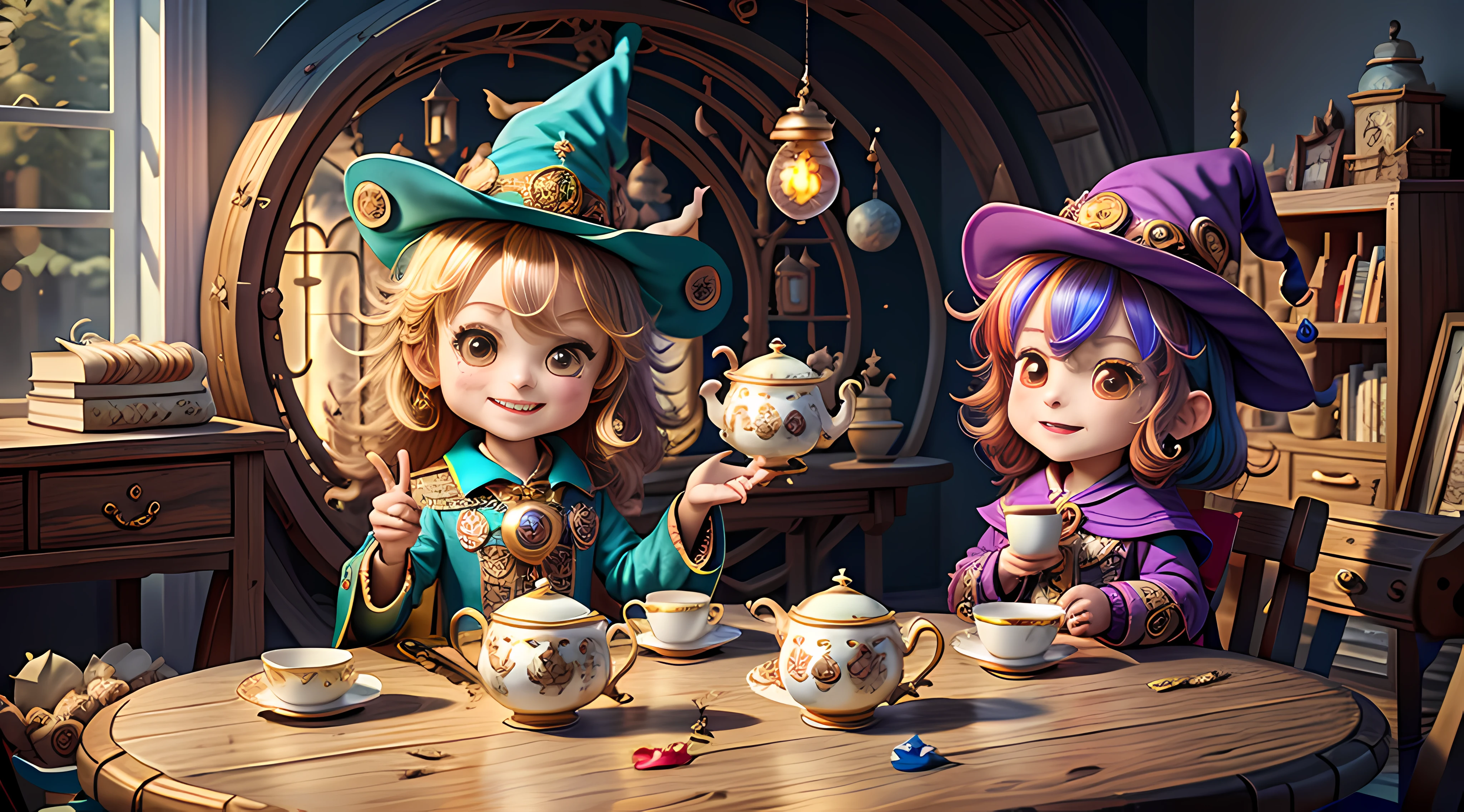 Masterpiece, best quality, wizard tea party, magic tea party, magic, chibi, handsome male witch, highly detailed realistic eyes, happy, energetic, witch, colorful, rich expressions, rich eyes