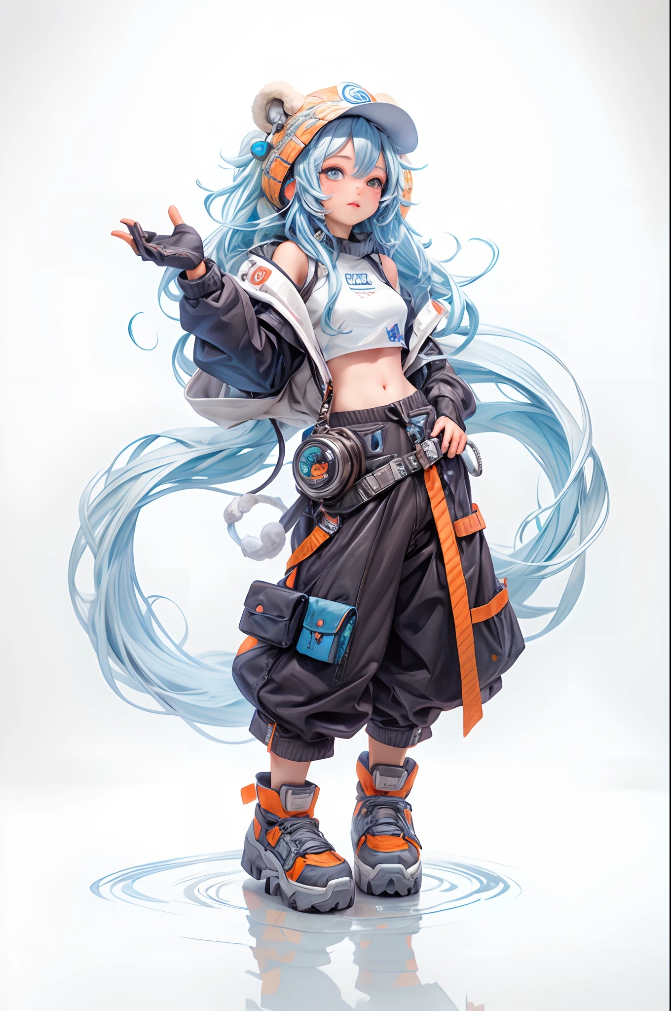 Masterpiece, best quality, official art, 8k wallpaper, very detailed, illustration, 1 girl, sky blue hair, hooded sweatshirt, bear motif on hat