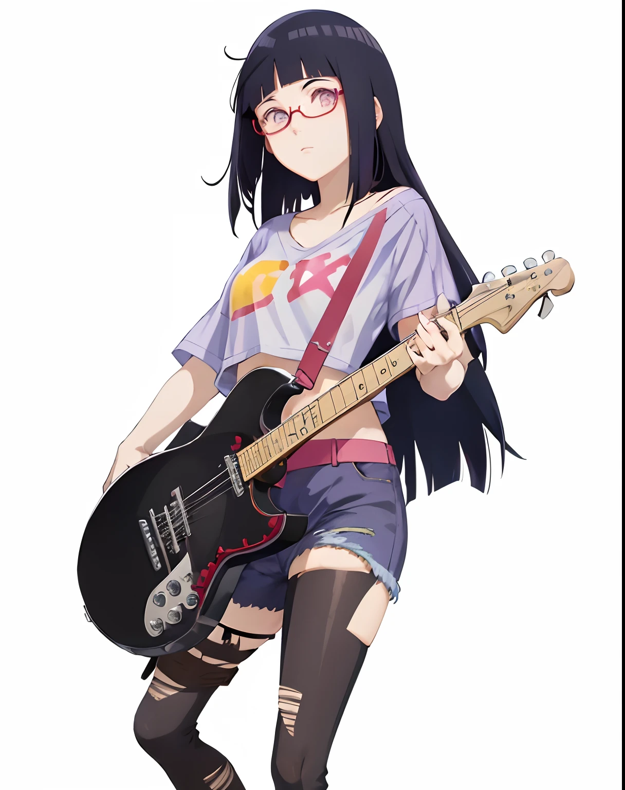 anime girl with a guitar and a red glasses on top hair, hinata hyuga, anime moe artstyle, ripped stocking, short jeans, cropped top, long hair, blunt bangs, purple eyes, dark blue hair
