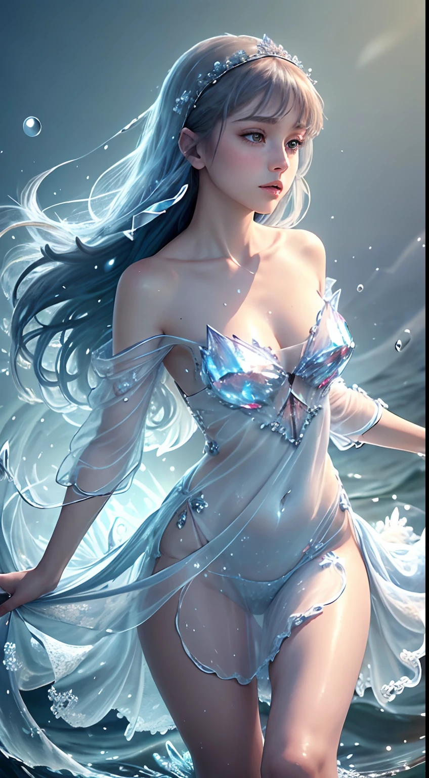 (Masterpiece, Top Quality, Best, Official Art, Beautiful and Aesthetic, Long Exposure: 1.2), Smooth Movement, Charming Patterns, 1 Girl, (No Cleavage: 1.4), (Long Dress with Sleeves: 1.3) , long blue dress, (small breasts: 1.2), bare shoulders, adult Russian woman, freckles, black lob hair, portrait, solo, bare upper body, looking at the observer, detailed background, detailed face, (crystallineAI, crystalline theme: 1.1 ), elemental water sprite, spinning water, controlling water, diamond miniskirt, dynamic pose, floating particles, ethereal dynamics, water, vapor, ocean in background, blue tint, coast, ethereal atmosphere,