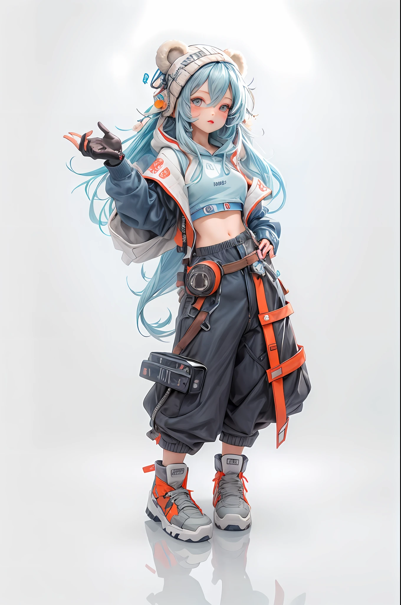Masterpiece, best quality, official art, 8k wallpaper, very detailed, illustration, 1 girl, sky blue hair, hooded sweatshirt, bear motif on hat