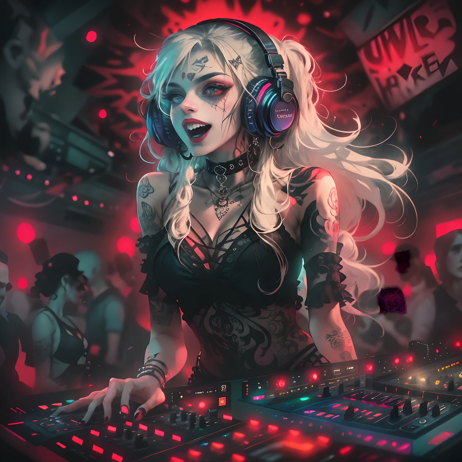 Upper body, Female vampire DJ, Look at the crowd，Vampires,Wear a bikini，Tattooed with，Red eyes，White hair， Quirky, Vibrant appearance, Playful accessories, Bright colors，Creative behavior, Rambled, Sensual, Spontaneous, DJ headphones, ((Mixing Console)), Dysfunctional punk vampire girl, Revel vampire girls,Vampire Club,Vampire nightclub, In the Vampire Castle，goth style，Independent cinema, People dancing on dance floor background, Underground danceclub, Underground danceclub，night club, Highest quality, Skin texture, Intricate details, (Cinematic lighting), RAW photo, 8K，Psychedelic surrealist art，Surrealist psychedelic design，dream art style，Illusion psychedelic art， Colorful dark vectors,