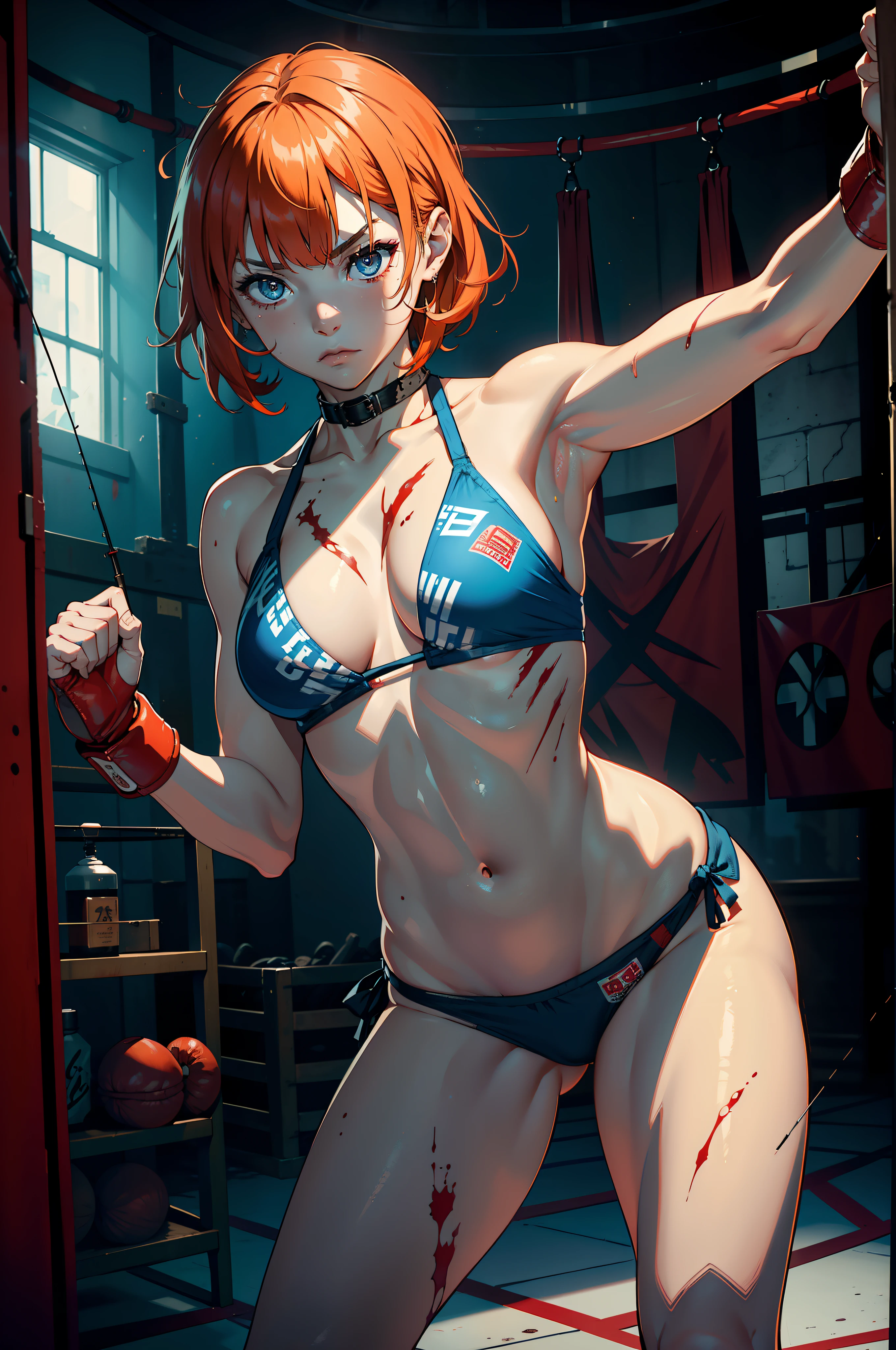In an octagonal cage, Female Boxers, A woman, Wear boxing gloves, Barefoot。blood stains at the corners of the mouth, Prepare the pose,Possess muscle, Eyes resolute, Orange pupils, full bodyesbian, Full body like, Faraway view, Light blue hair, Blunt bangs, are standing,Standing - upright, Short hair, Asymmetrical hair, eyeball, scowling, Fishing, Textured skin, Super detail, Masterpiece, High details, Award-Awarded, Best quality