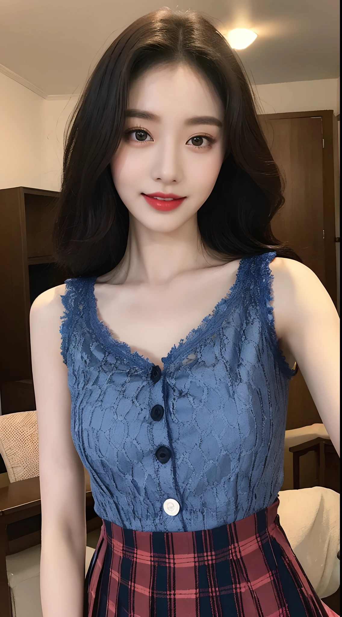 high detal，8K分辨率，超高分辨率，Best image quality，a beauty girl，lipsticks，Love pupils，Peerless beauty，Messy black straight hair，shoulder-length short hair，（Coiled hair）Smooth hair，Intense and beautiful makeup，Exquisite and perfect facial features，the most beautiful big eyes，Be red in the face，Sweet smile，（Wearing a blue lace shirt with buttons，tiese ，Plaid pleated skirt）Open navel，Thin waist，（Full breasts）Get close to the viewer，dynamic angle，Extreme picture quality，Highest accuracy