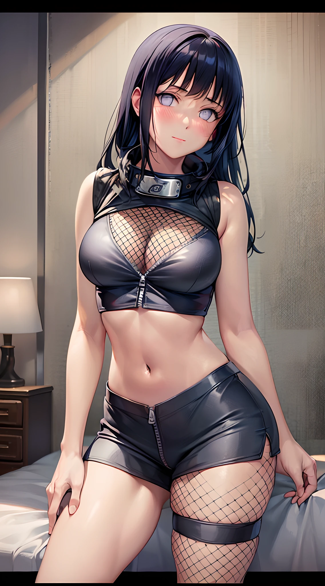 Masterpiece, High definition, high quality, detailed face, detailed body rendering, 1girl, solo,  Hinata sleeveless clothing,room,, sleeveless shirt,( fishnet garment),  unzipper jacket,  standing, blush, (in bedroom)