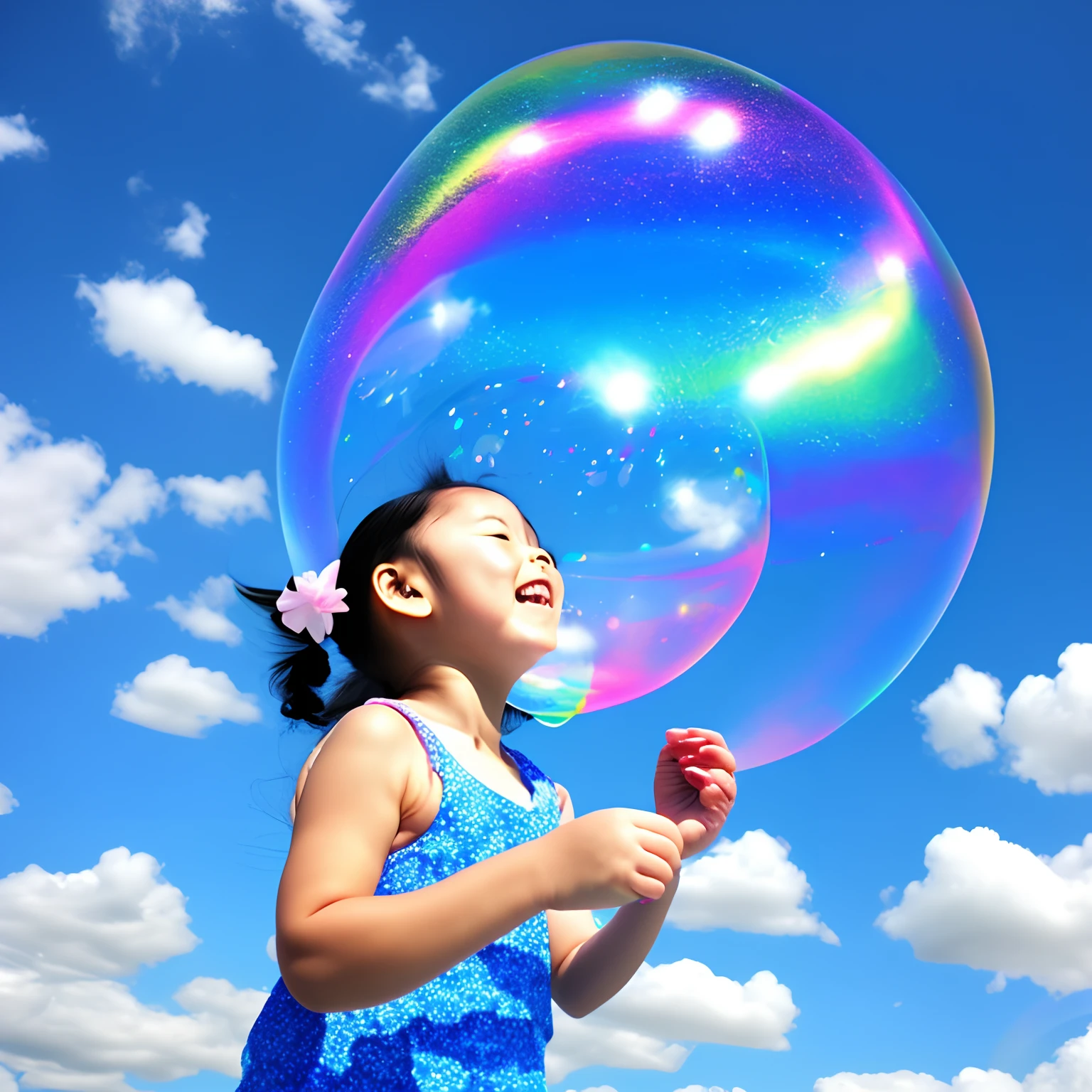 Girl Flying Soap Bubbles、Soap bubbles of various sizes、blue-sky --auto