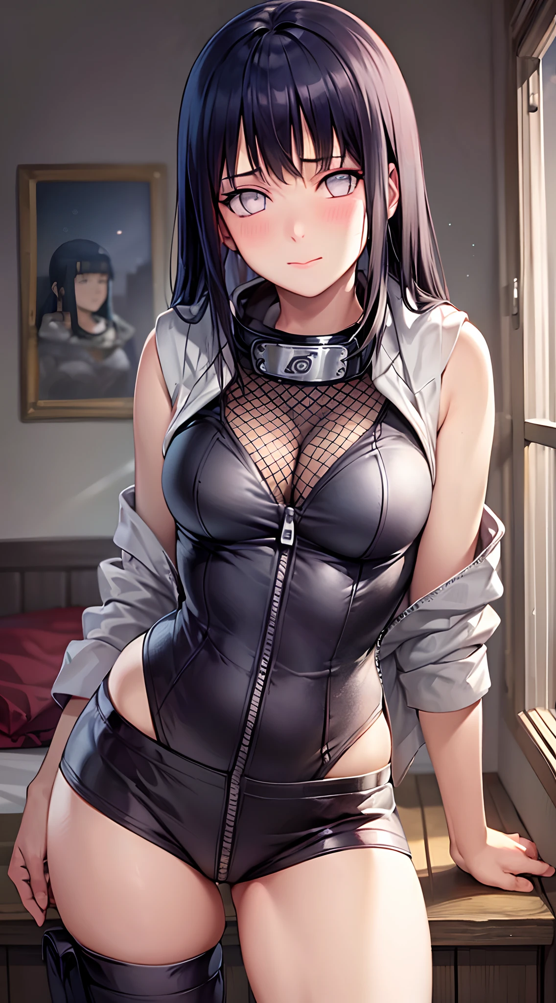 Masterpiece, High definition, high quality, detailed face, detailed body rendering, 1girl, solo,  Hinata sleeveless clothing,room,, sleeveless shirt,( fishnet garment),  unzipper jacket,  standing, blush, (in bedroom)