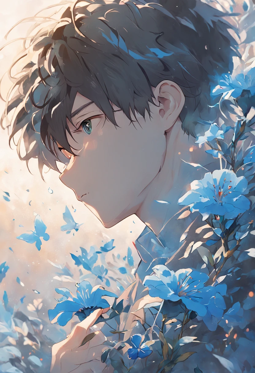 Blooming flowers flutter in the wind，The boy in the flower，Handsome face，Light blue and silver design，Pay attention to the texture of the skin and flowers，Sony FE 12-24mm F/2.8 gm，Impressionist garden，Proficient in calligraphy，eco-friendly craftsmanship，Brush stroke exploration