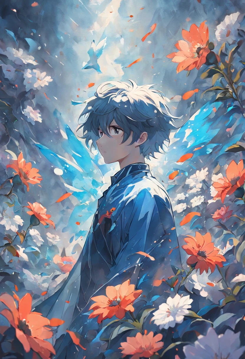Blooming flowers flutter in the wind,The boy in the flower,Handsome face,Light blue and silver design,Pay attention to the texture of the skin and flowers,Sony FE 12-24mm F/2.8 gm,Impressionist garden,Proficient in calligraphy,eco-friendly craftsmanship,Brush stroke exploration