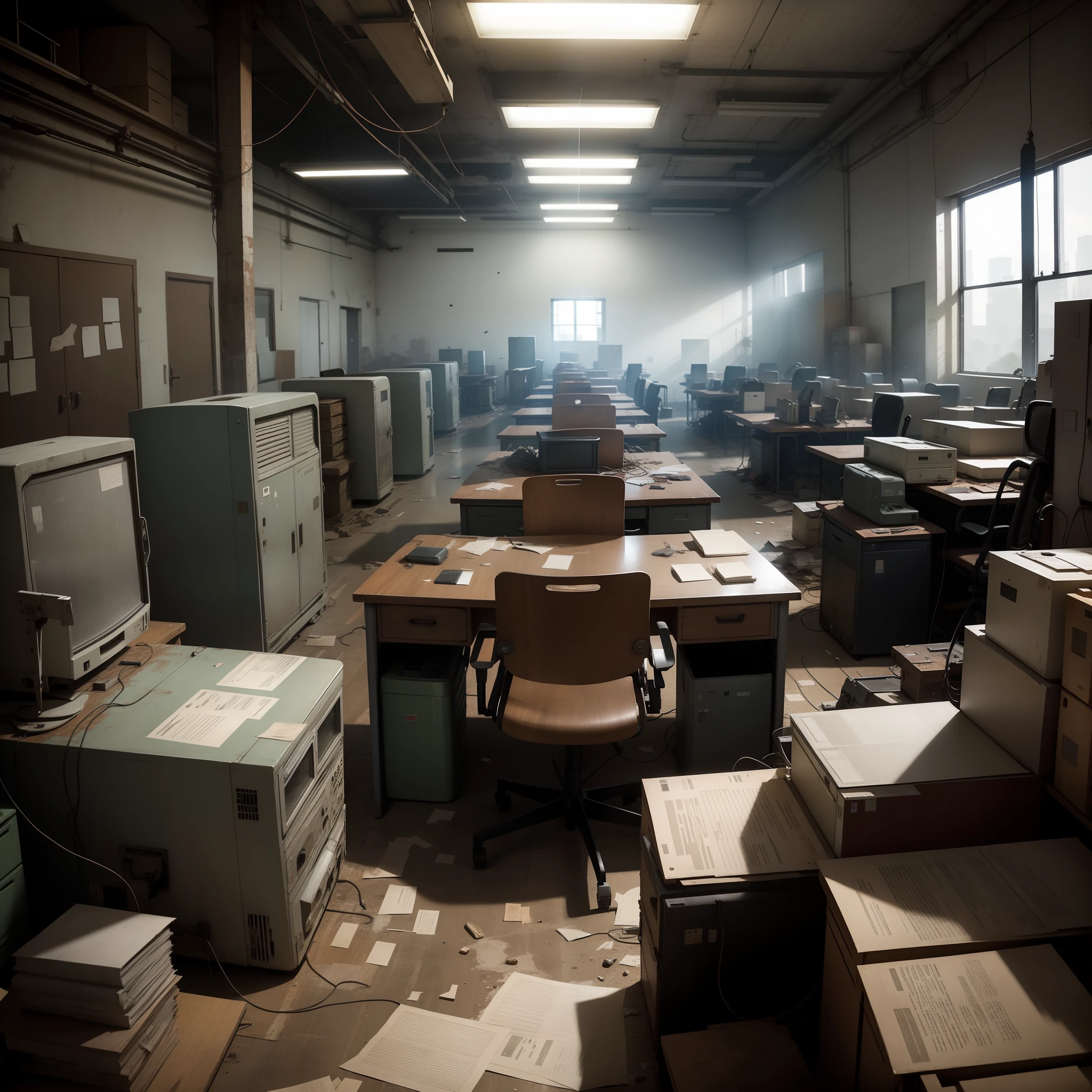Oversized factory office,Dilapidated office,Empty,Dim, Dull,Ghastly,Some big-ass desktop old computers,The computer screen flickers,Old desk,Old chairs,The wires are messy,Paper is flying,Dollars fly around,Hyper-realistic,Hyper-realistic,Hyper-realistic,ultra - detailed