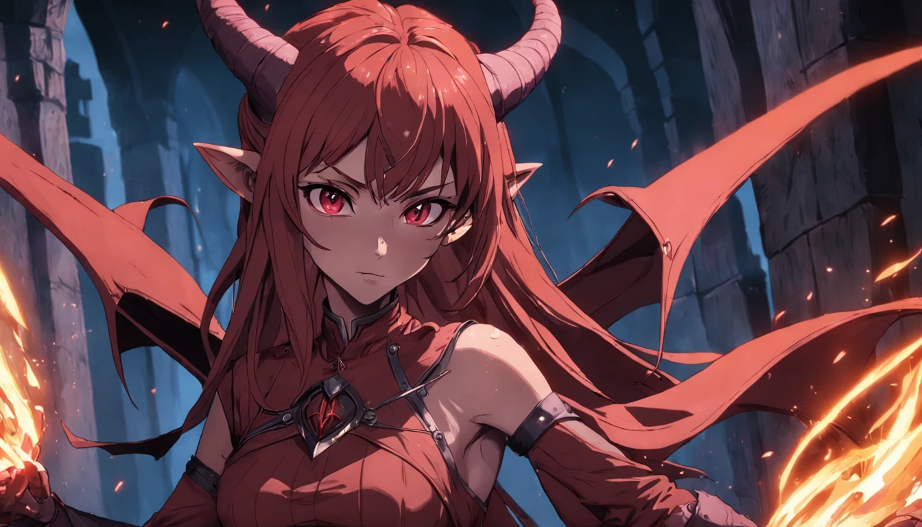 A female demon with cat ears, Elf ears and black demon horn, ((orelhas de elfo)), ((demon horn)), (orelhas de gato)), cabelo cor-de-rosa extremamente longo, ((Cabelo cor-de-rosa)), White eyes of the demon, ((olhos brancos)), vestido de gala preto longo volumoso e lindo, Gothic cathedral abandoned and destroyed with corvus and spiders