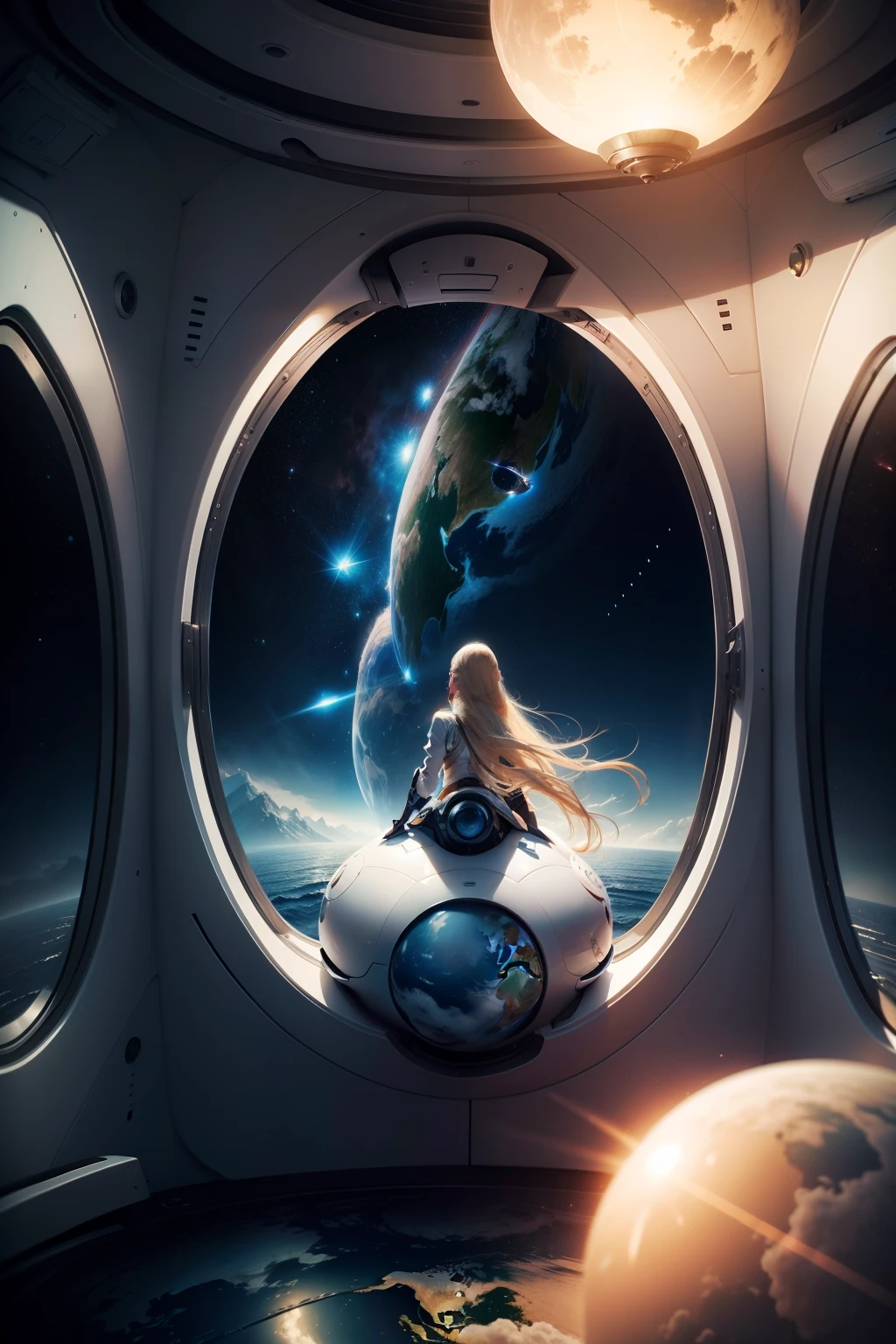 8ka picture、Inside the spaceship、Woman with closed eyes floating on boat、a blond、earth in background