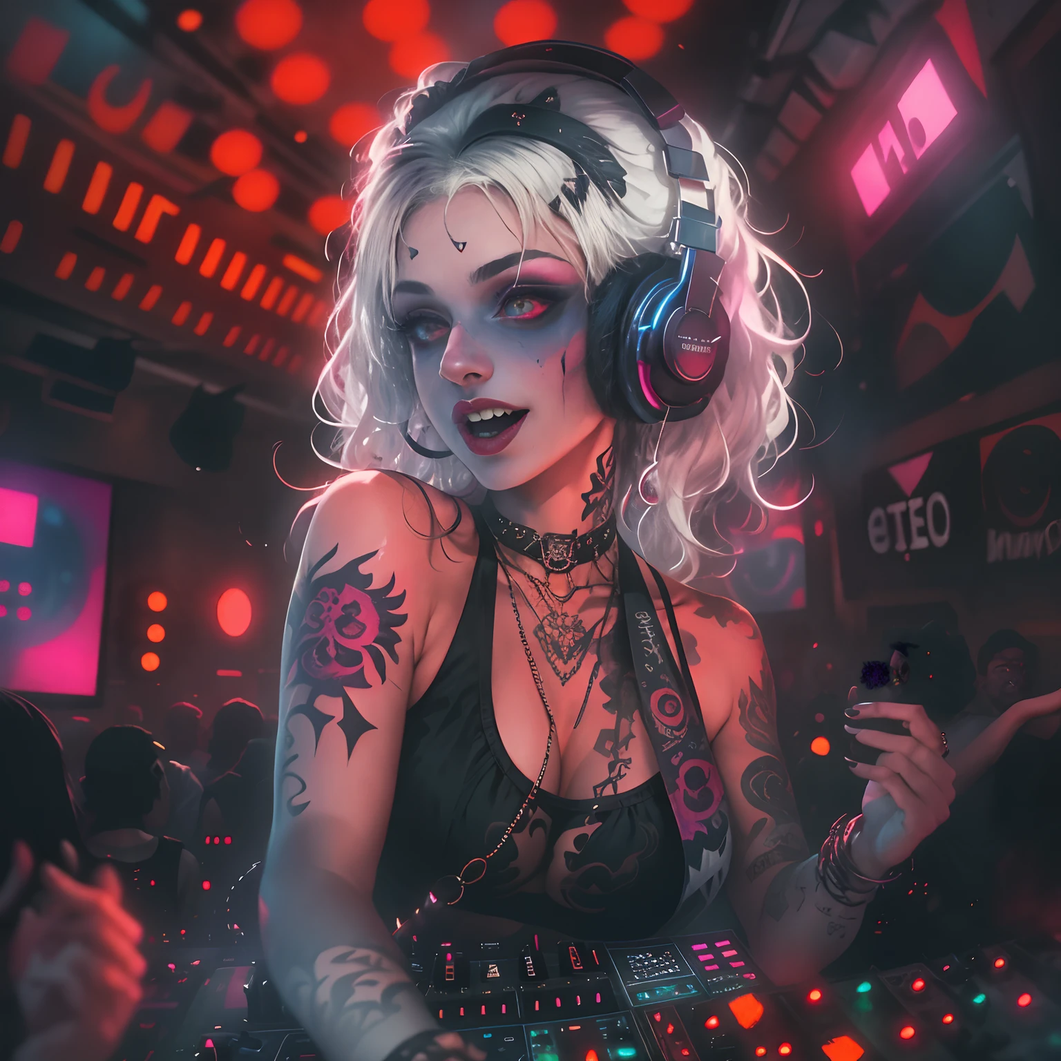 Upper body, Female vampire DJ, Look at the crowd,Vampires,Wear a bikini,Tattooed with,Red eyes,White hair, Quirky, Vibrant appearance, Playful accessories, Bright colors,Creative behavior, Rambled, Sensual, Spontaneous, DJ headphones, ((Mixing Console)), Dysfunctional punk vampire girl, Revel vampire girls,Vampire Club,Vampire nightclub, In the Vampire Castle,goth style,Independent cinema, People dancing on dance floor background, Underground danceclub, Underground danceclub,night club, Highest quality, Skin texture, Intricate details, (Cinematic lighting), RAW photo, 8K,Psychedelic surrealist art,Surrealist psychedelic design,dream art style,Illusion psychedelic art, Colorful dark vectors,