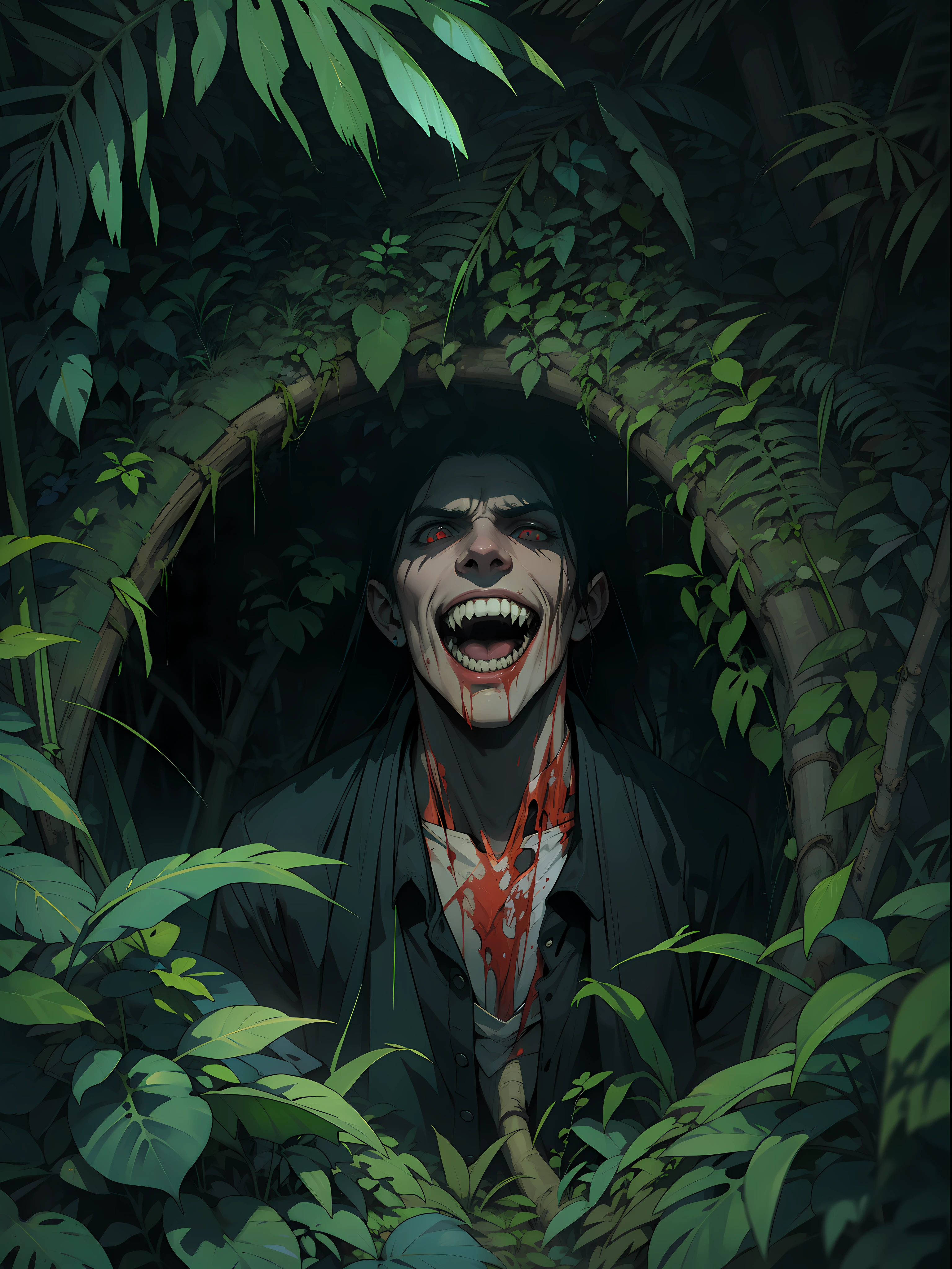 A fearsome vampire with bloody teeth lurking in the depths of a dark jungle, moonlight filtering through the dense canopy, casting eerie shadows, leaves rustling in the ominous silence, capturing the vampire's menacing grin and piercing gaze, Photography, low-light conditions, wide aperture, 50mm lens