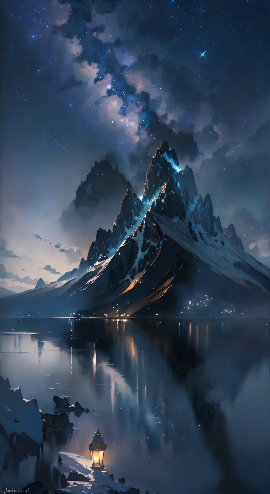 Starry Sky with Mountains and Lake, Jessica Rossier, Inspired by Jessica Rossier, Jessica Rossier Fantasy Art, Concept Art Magic Highlights, Official Artwork, Dream Painting, Ethereal Realm, Atmospheric artwork, dreamy matte paintings, serene endless stars inspired by Ted Nasmith, moonlit starry environments, epic music album covers.