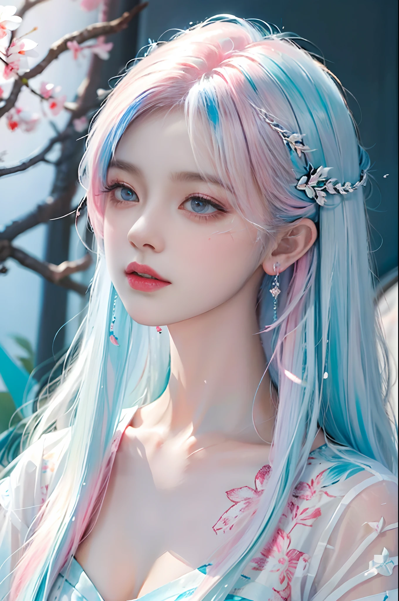 （tmasterpiece、best qualtiy、A high resolution），white backgrounid，Acrylic paints，（（splash of color，Splash ink、Color splattering）），Sweet Chinese girl，light blue long hair，[light blues|Pink big breasts]the hair，curlies，glitters，Pink lips，White color blouse，fashionable attire，see-through transparent clothes，Bigchest，frontage，The upper part of the body，splash of color，Splash ink，Color splattering。
