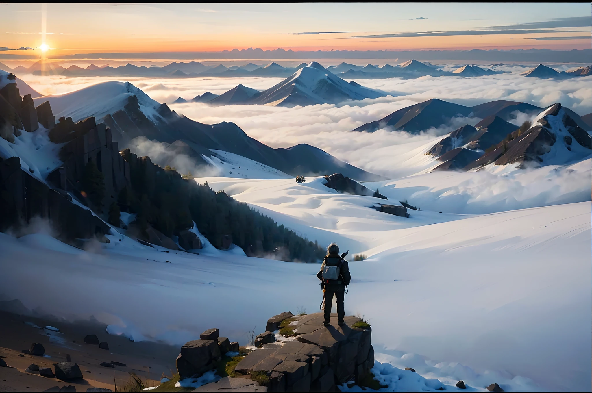 (A high resolution,hyper HD,awardwinning,high detal,Best quality detailed,16k,high qulity,The is very detailed,Cinematic lighting effects,Outdoor Sketching,ultra hd photo),Excellent image quality,Realistic details,RAW photo of the landscape,small detailed,realisticlying,ultra real photo,People overlook the mountains from the top of the mountain,Faraway view,ultra-wide-angle,overhead photography,Sunlight shines,blue-sky,baiyun,Yamakawa ,rios,Greenwood