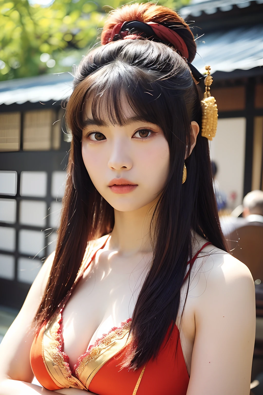 (extra detailed body、extra detailed face、best qualtiy:1.2)、femele、looking at the viewers、(japanes、Courtesan 16 years old)、(Confusion in Yoshiwara in the background:1.4)
