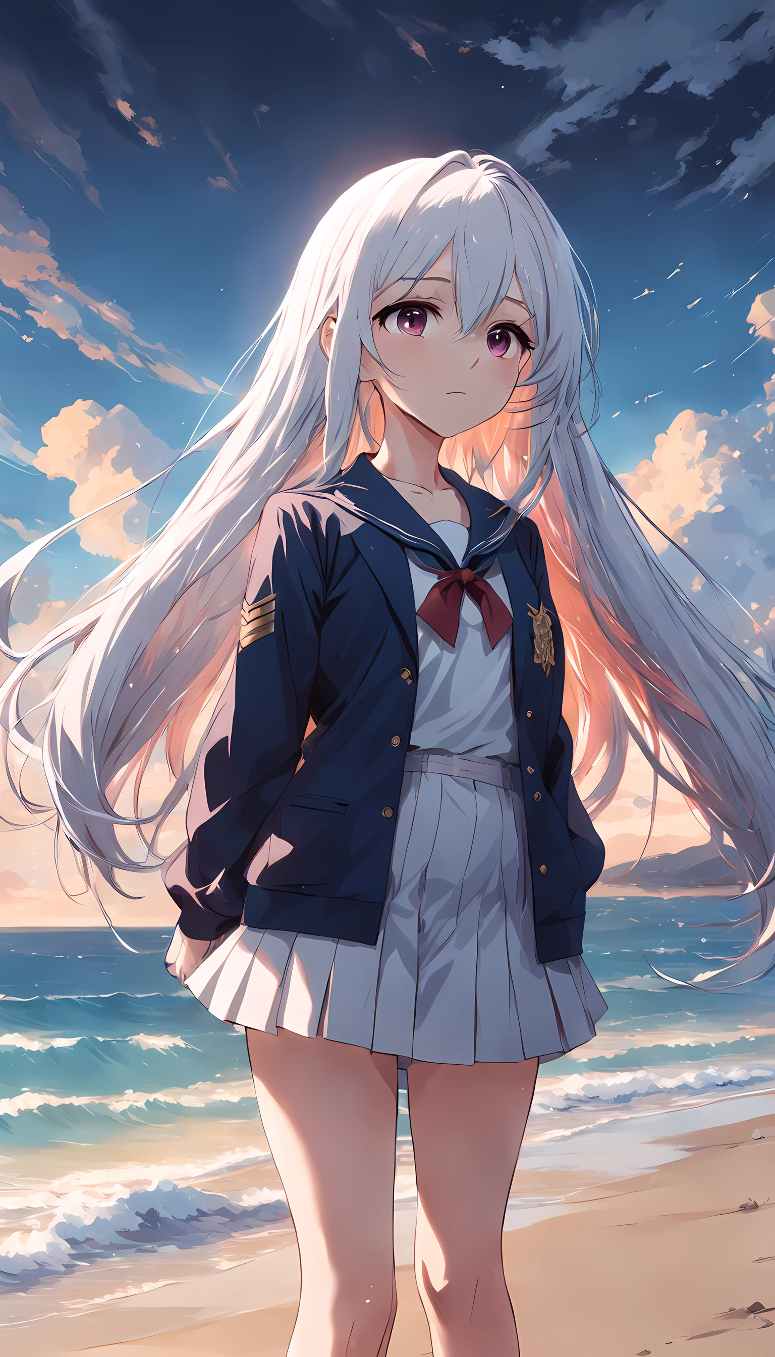 a girl in a high school uniform, beach,look up,long white hair,full body, dark