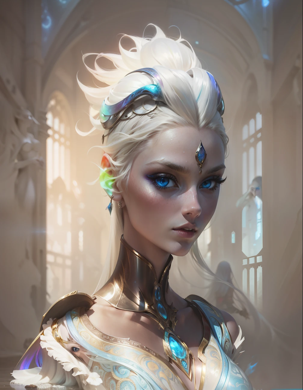 Masterpiece, Best Quality, Girls looking at each other , Slender, Blue Eyes, Hair Color, Iridescent, Long Hair Spreading, White Skin, Medium, Cute, Sexy, Near Future, Bikini, Exposed Skin, Night, Psychedelic, Trip, Extreme Color, Paisley Theme, Open Legs, Mechanical Left Arm, Full Body