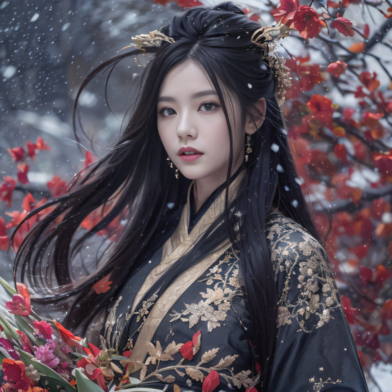 32K（tmasterpiece，k hd，hyper HD，32K）Long flowing black hair，ponds，zydink， a color，  Xuzhou people （Seduce girls）， （Red scarf in the snow）， Jump up stance， looking at the ground， long whitr hair， Floating hair， Carp pattern headdress， Chinese long-sleeved silver battle robe， （Abstract gouache splash：1.2）， Pink petal background，Tulips flying（realisticlying：1.4），Black color hair，Fallen leaves flutter，The background is pure， A high resolution， the detail， RAW photogr， Sharp Re， Nikon D850 Film Stock Photo by Jefferies Lee 4 Kodak Portra 400 Camera F1.6 shots, Rich colors, ultra-realistic vivid textures, Dramatic lighting, Unreal Engine Art Station Trend, cinestir 800，Long flowing black hair，Transparent battle robe clothes