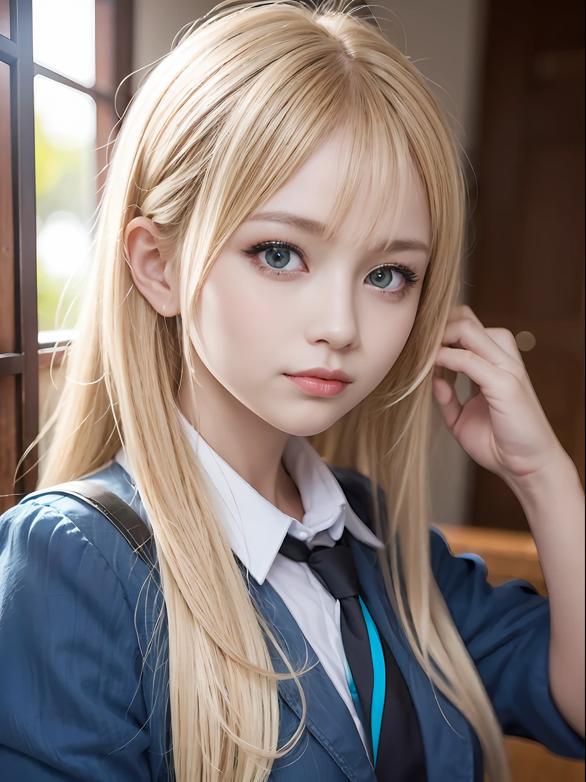 portlate、School Uniforms、bright expression、Young shiny shiny white shiny skin、Best Looks、Blonde reflected light、Platinum blonde hair with dazzling highlights、shiny light hair,、Super long silky straight hair、Beautiful bangs that shine、Glowing crystal clear attractive big blue eyes、Very beautiful nice cute 16 year old girl、Lush bust、poneyTail、masterpiece、top-quality、hight resolution、extremely detailed photo、profetional lighting、Take a photo and pose、