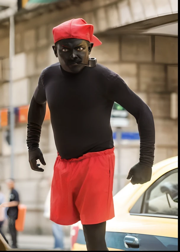 Araffe Man in black and red shorts and red skateboard hat, humano vestido como um touro, man is with black skin, Mario na vida real, cara preta, homem negro, Mario como uma pessoa real, Super Mario na vida real, traje vermelho e preto!!!, villain wearing a red oni mask, Homem africano, black pulcinella mask