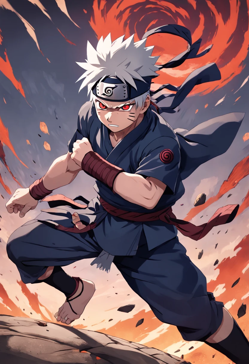In the illustration, Hatake Kakashi from the Naruto series, as illustrated by Masashi Kishimoto, stands on a dynamic battlefield ready for action. He is adorned in the traditional ninja attire of Konoha, donning the iconic headband around his forehead. His stance exudes readiness, his body coiled in anticipation of an attack.
Kakashi's left eye radiates a vivid shade of red, indicating the active Sharingan. The Sharingan's distinctive pattern is captivating against the background of vibrant colors. The intensity of his gaze is enhanced by the Sharingan's presence, conveying his heightened perception and skill as a formidable ninja.
The battlefield's backdrop is a blend of earthy tones and dynamic energy, suggesting the fast-paced nature of the impending battle. The illustration encapsulates Kakashi's essence as a skilled warrior and leader, prepared to face any challenge that comes his way.