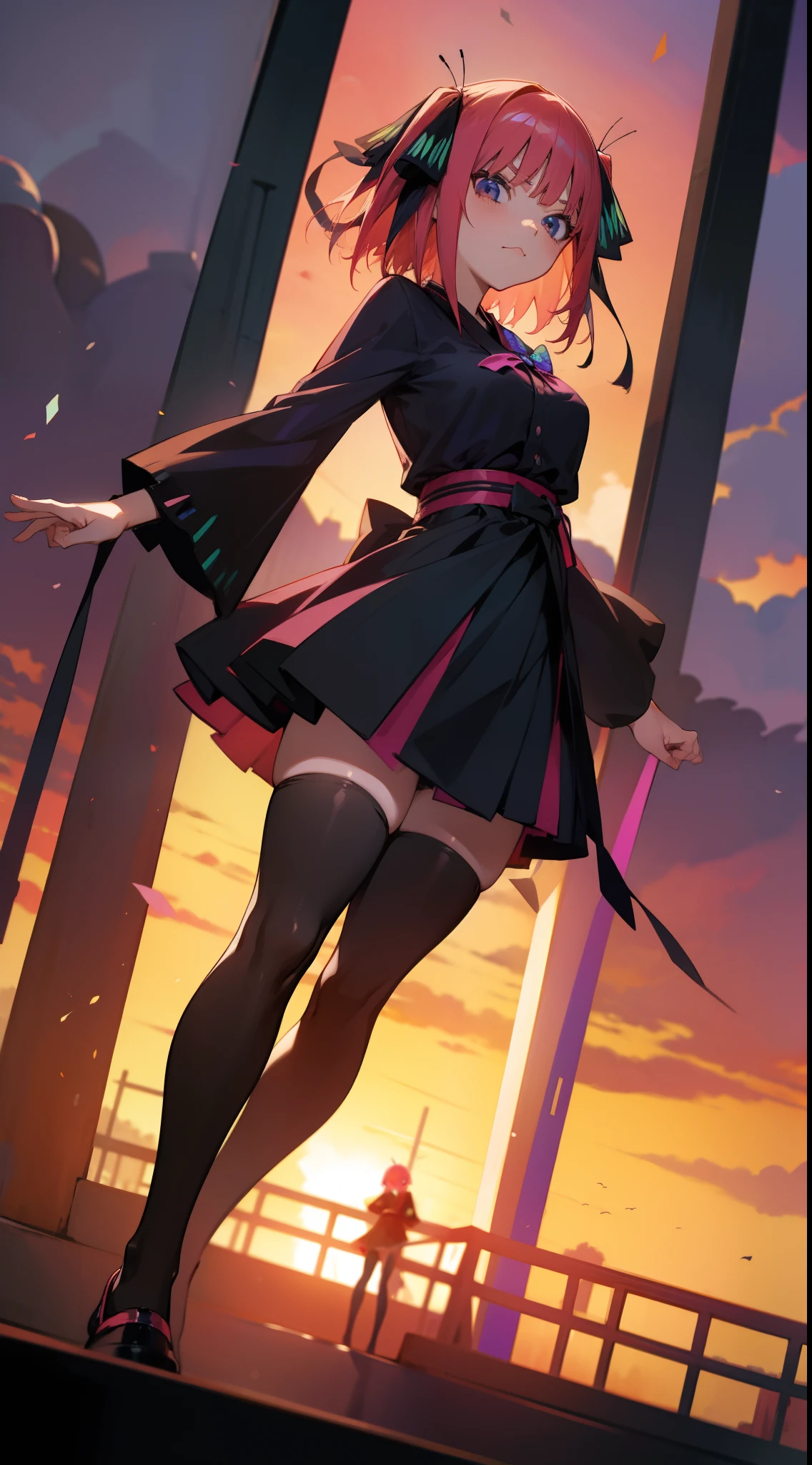 anime girl, looks at viewer, tokyo, pink hair, two black and blue butterfly bows, black tights, gothic dress, short hair, anime Japan, sunset, closed mouth, tsunderee, tights,