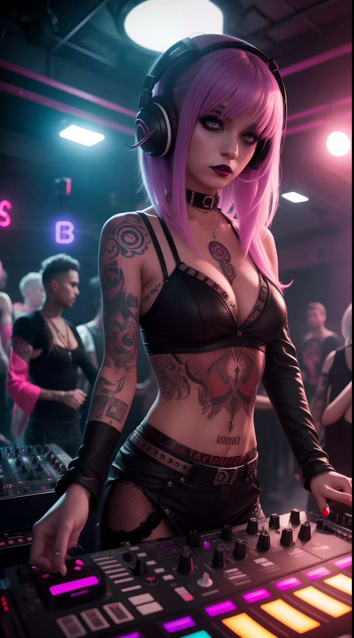 Upper body, Female vampire DJ, Look at the crowd,Vampires,Wear a bikini,Tattooed with,Red eyes,White hair, Quirky, Vibrant appearance, Playful accessories, Bright colors,Creative behavior, Rambled, Sensual, Spontaneous, DJ headphones, ((Mixing Console)), Dysfunctional punk vampire girl, Revel vampire girls,Vampire Club,Vampire nightclub, In the Vampire Castle,goth style,Independent cinema, People dancing on dance floor background, Underground danceclub, Underground danceclub,night club, Highest quality, Skin texture, Intricate details, (Cinematic lighting), RAW photo, 8K,Psychedelic surrealist art,Surrealist psychedelic design,dream art style,Illusion psychedelic art, Colorful dark vectors,